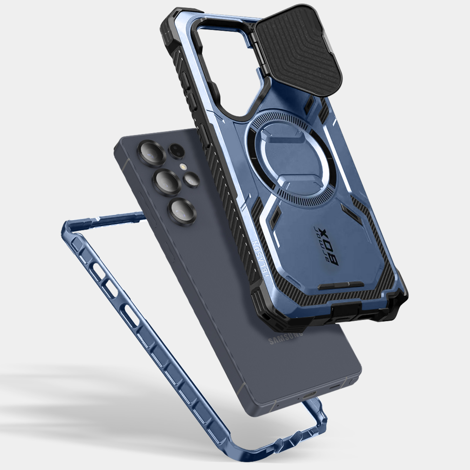 Custodia blu e nera con telefono. Parti separate, che mostrano diversi strati.