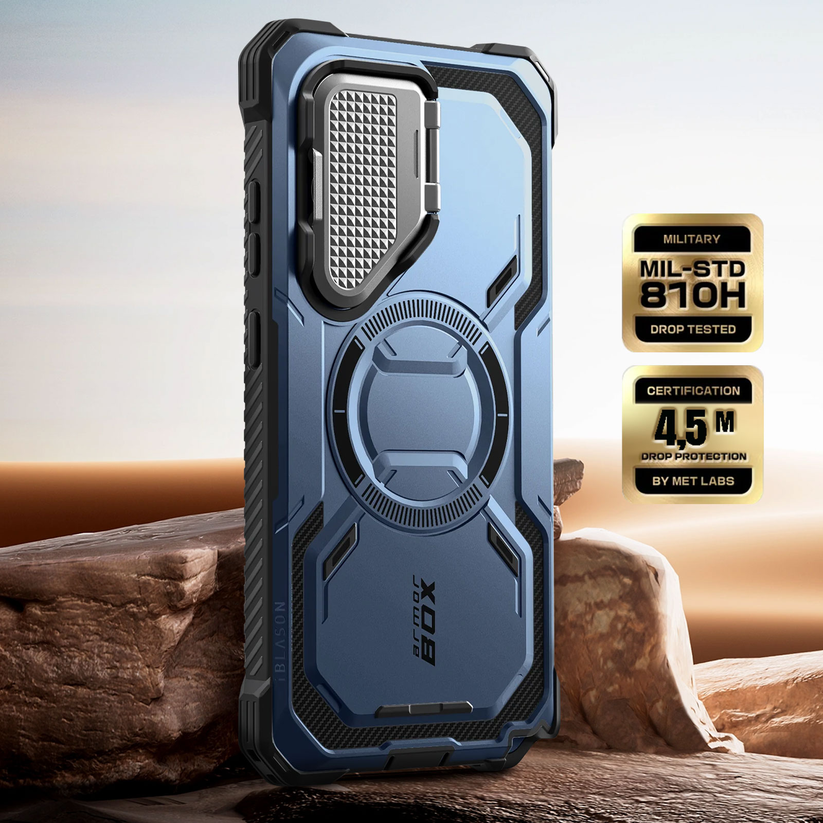 Una custodia blu per telefono con testo sopra, sono visibili anche le etichette di protezione contro le cadute e di certificazione.