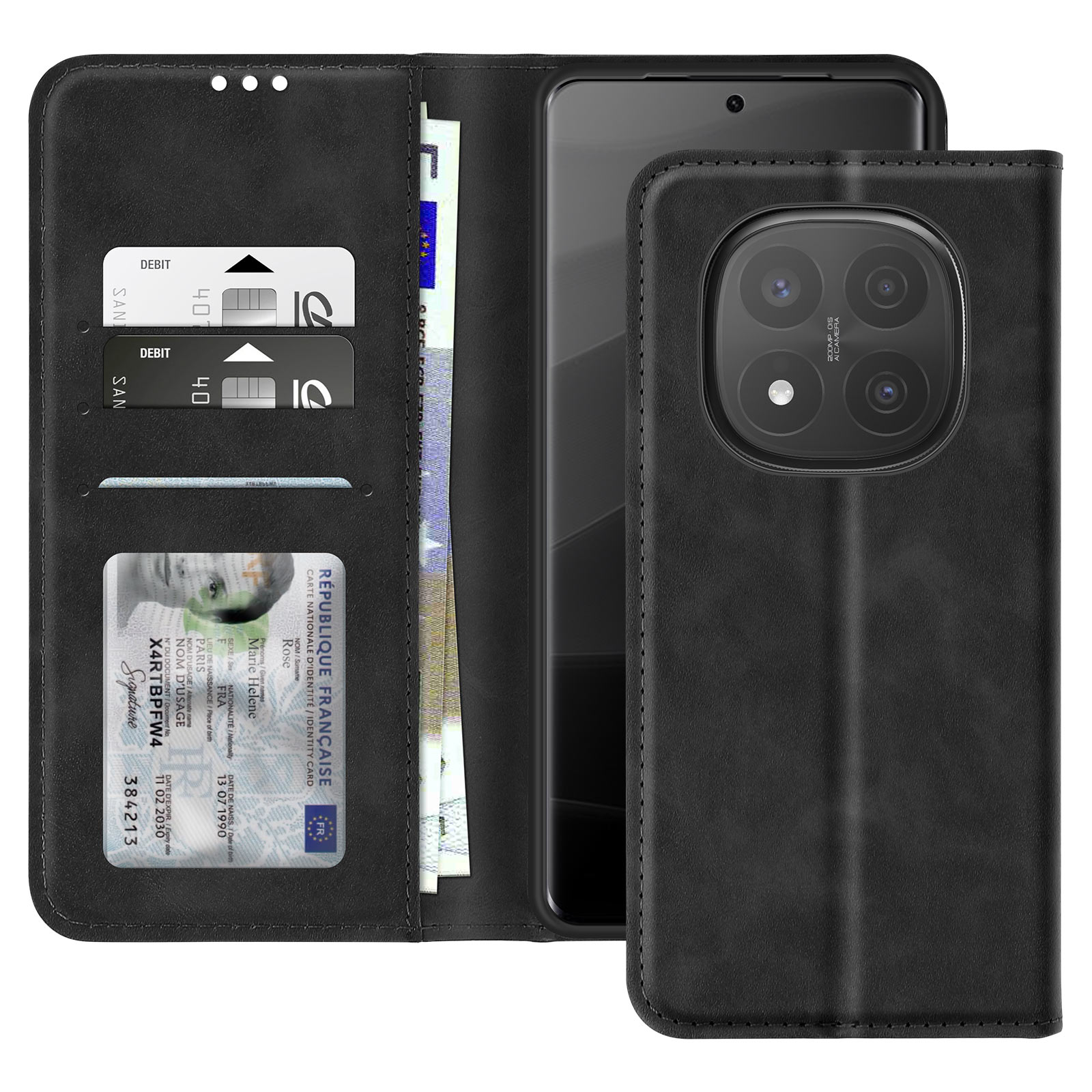 Custodia in pelle nera, aperta, che mostra un telefono, carte e denaro. Sfondo nero.