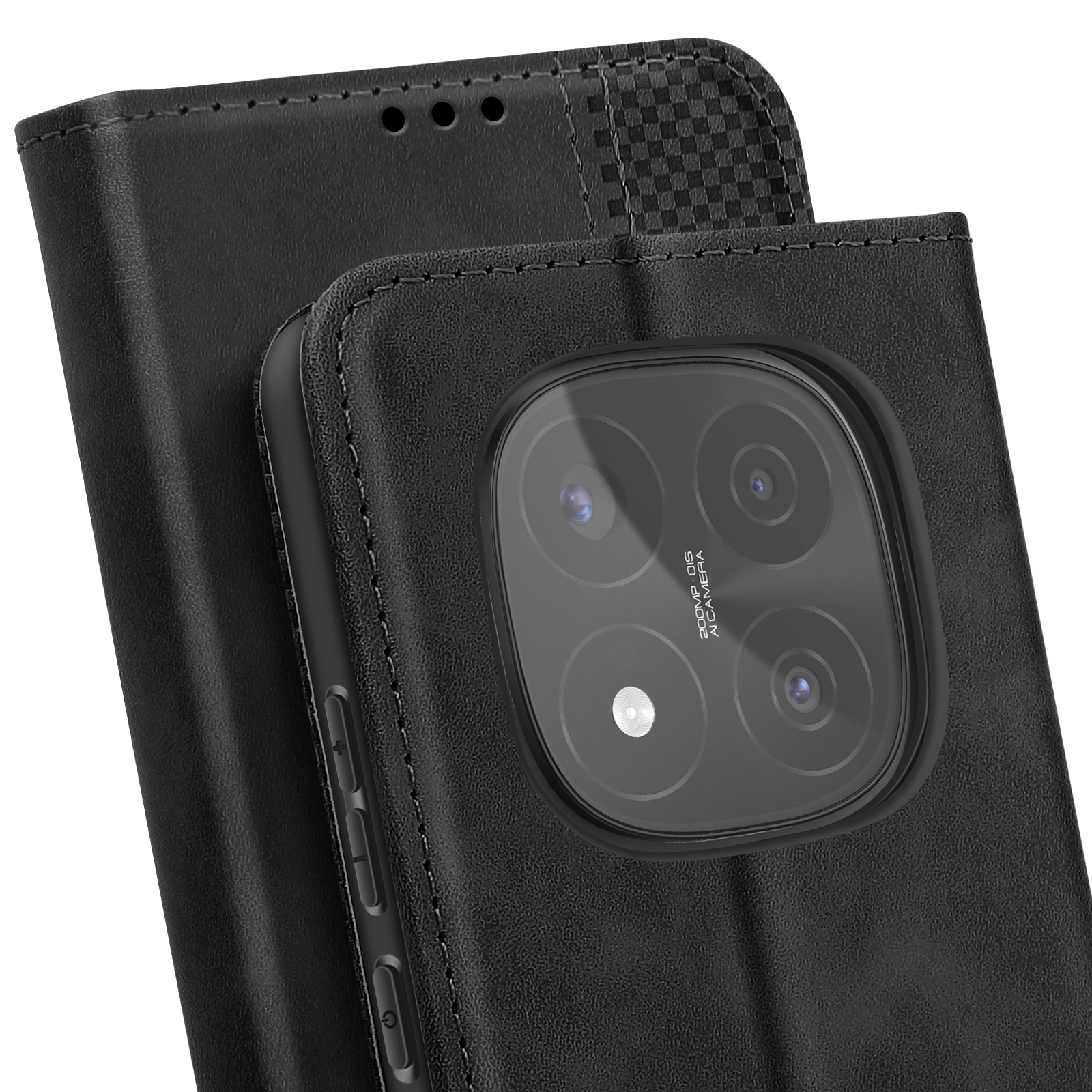 Custodia nera per telefono con fotocamera. La custodia è aperta.