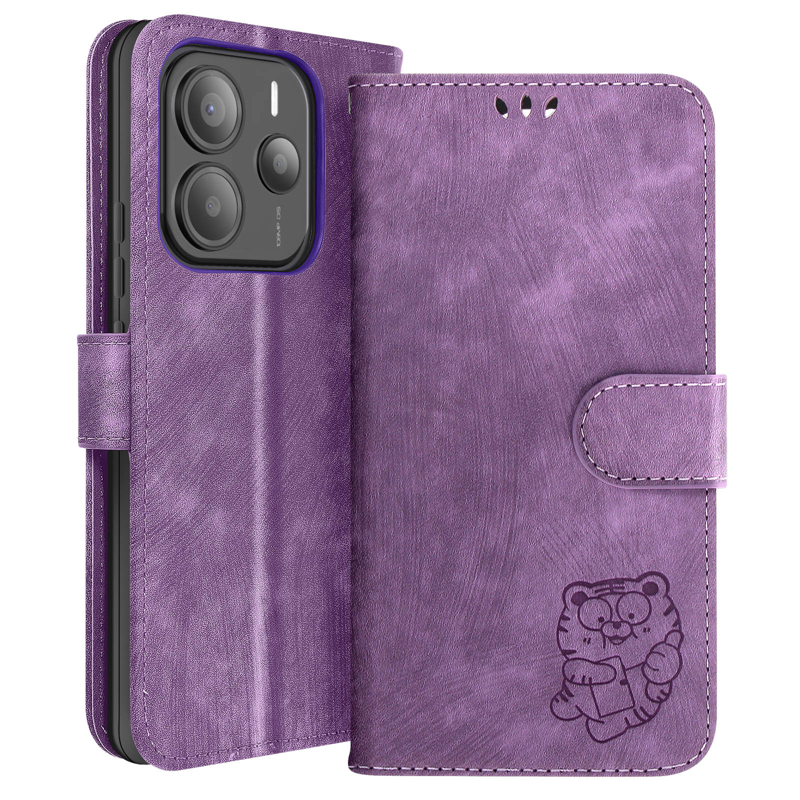 Custodia per telefono viola aperta. Telefono con fotocamera e un tigre dei cartoni animati.