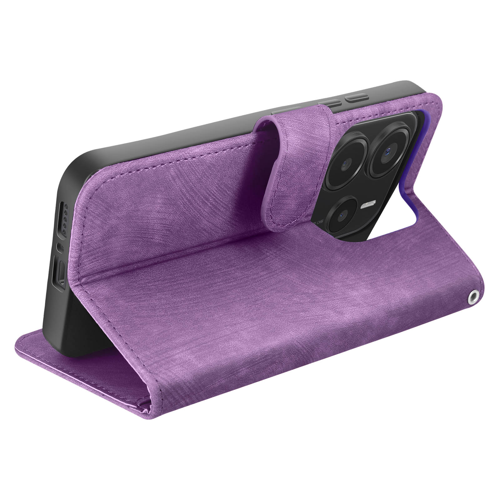 Custodia per telefono viola aperta. Il telefono ha una fotocamera.