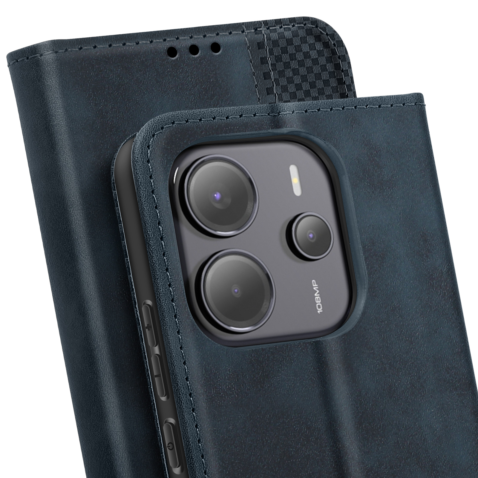 Custodia blu per telefono aperta. Il telefono ha una fotocamera.