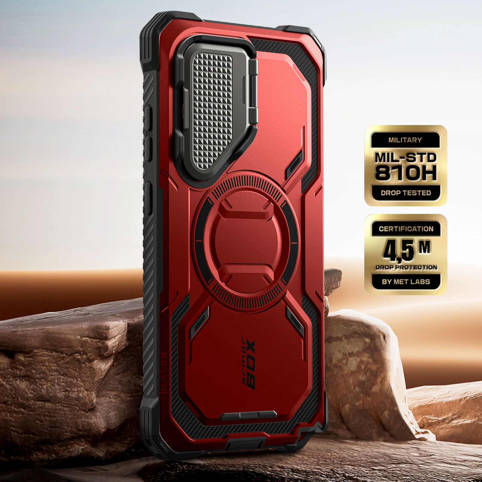 Custodia rossa con design robusto. Etichette di protezione dalle cadute e sfondo desertico.