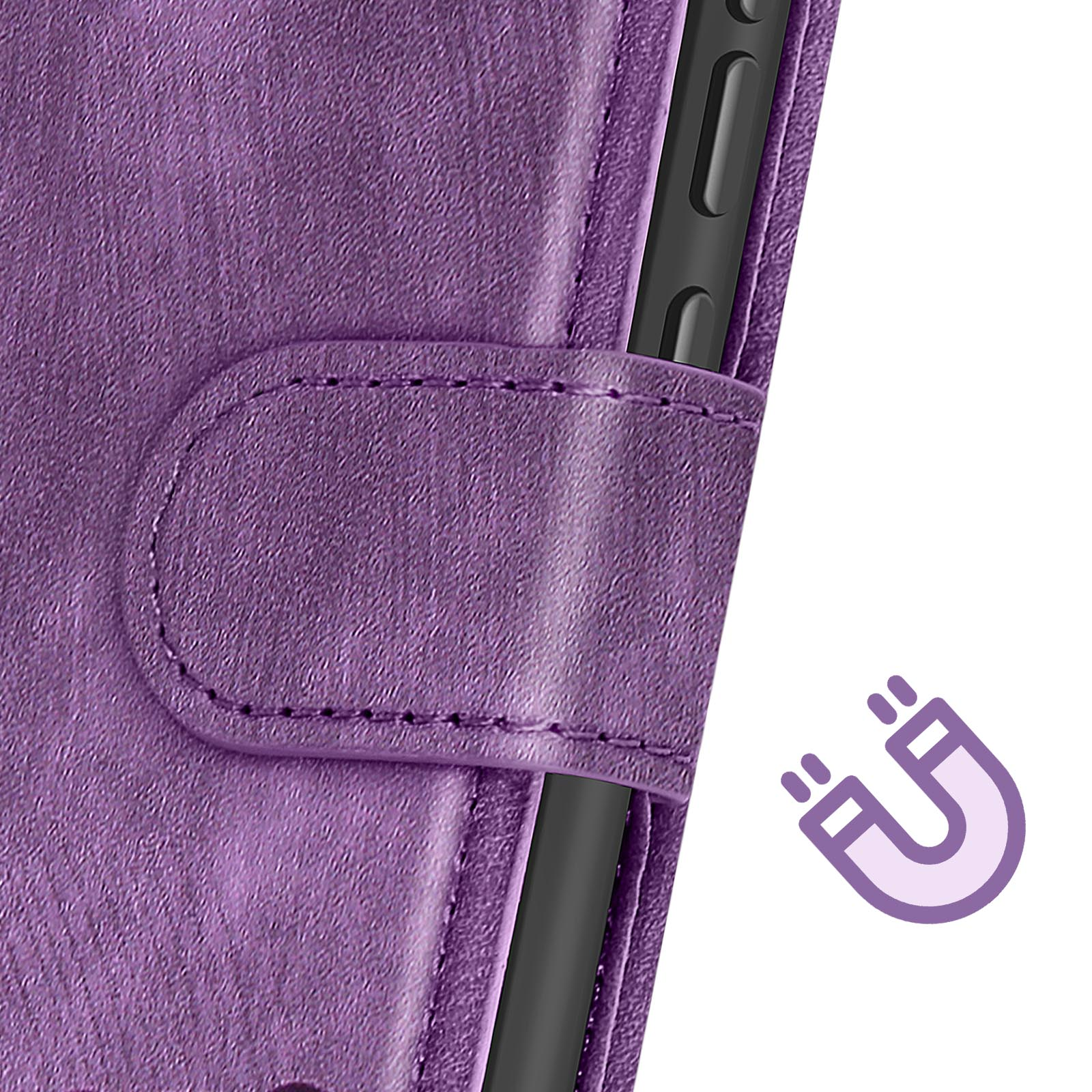 Custodia viola con chiusura magnetica. La custodia ha una superficie strutturata e un'icona magnetica.