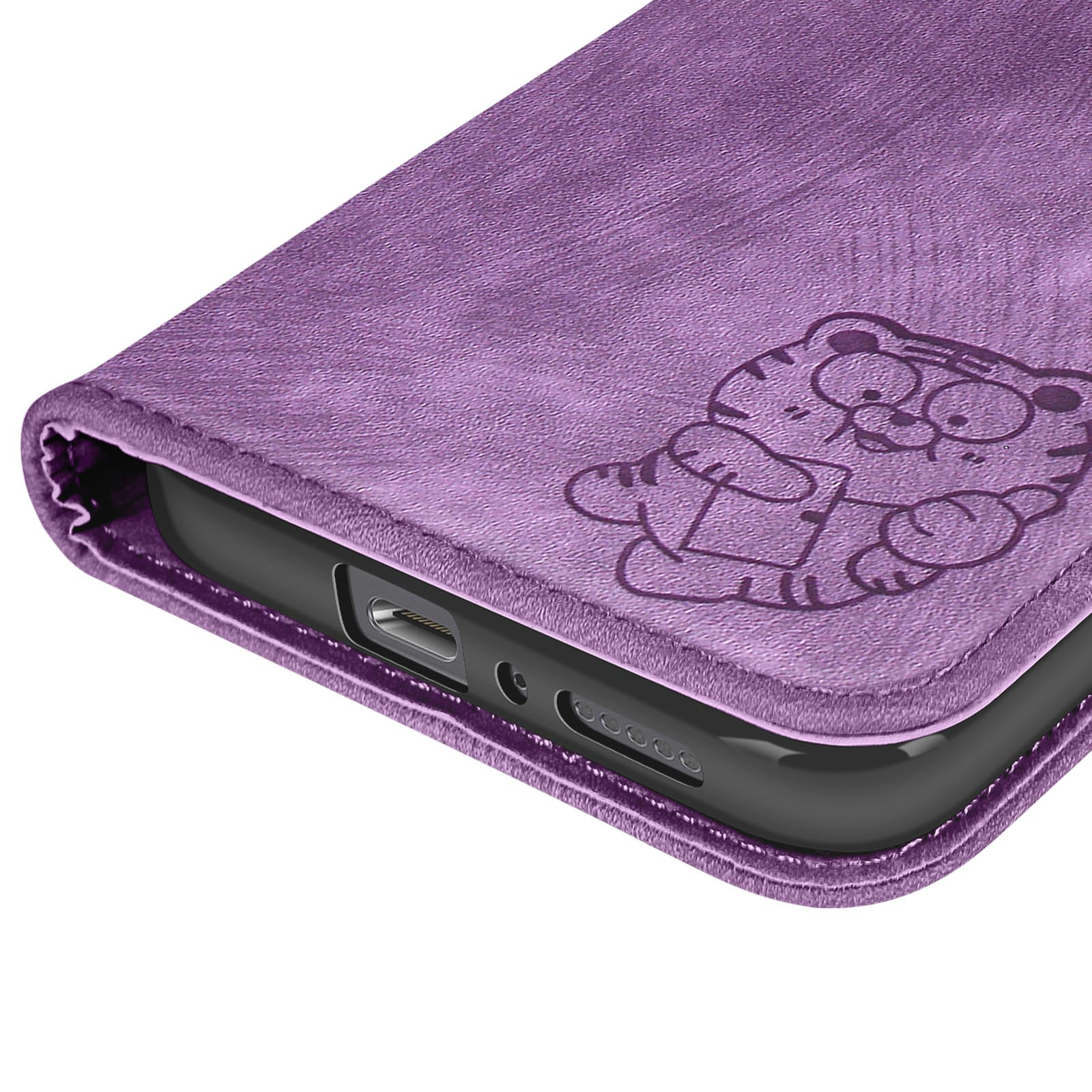 Custodia viola con un tigre dei cartoni animati. La custodia è su un telefono, bordo inferiore visibile.