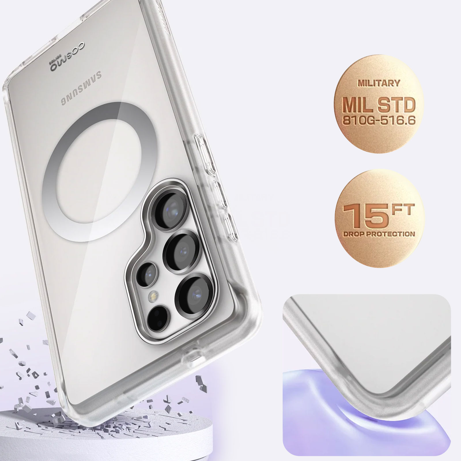 Custodia trasparente con telefono. Il telefono mostra retro con fotocamera, etichette di protezione.