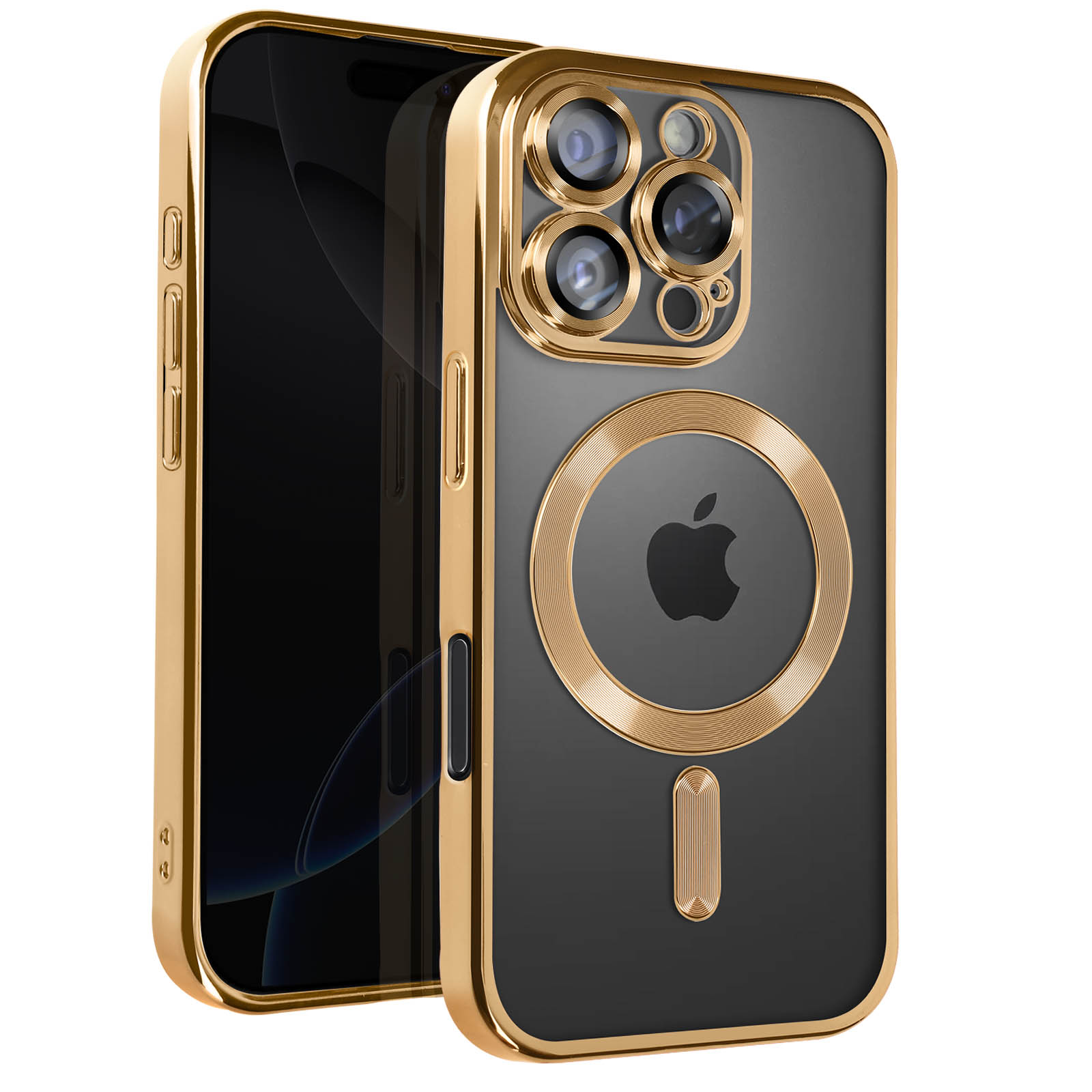 Telefon in goldener Hülle mit schwarzer Rückseite. Es liegt neben einem anderen Telefon mit schwarzem Bildschirm.