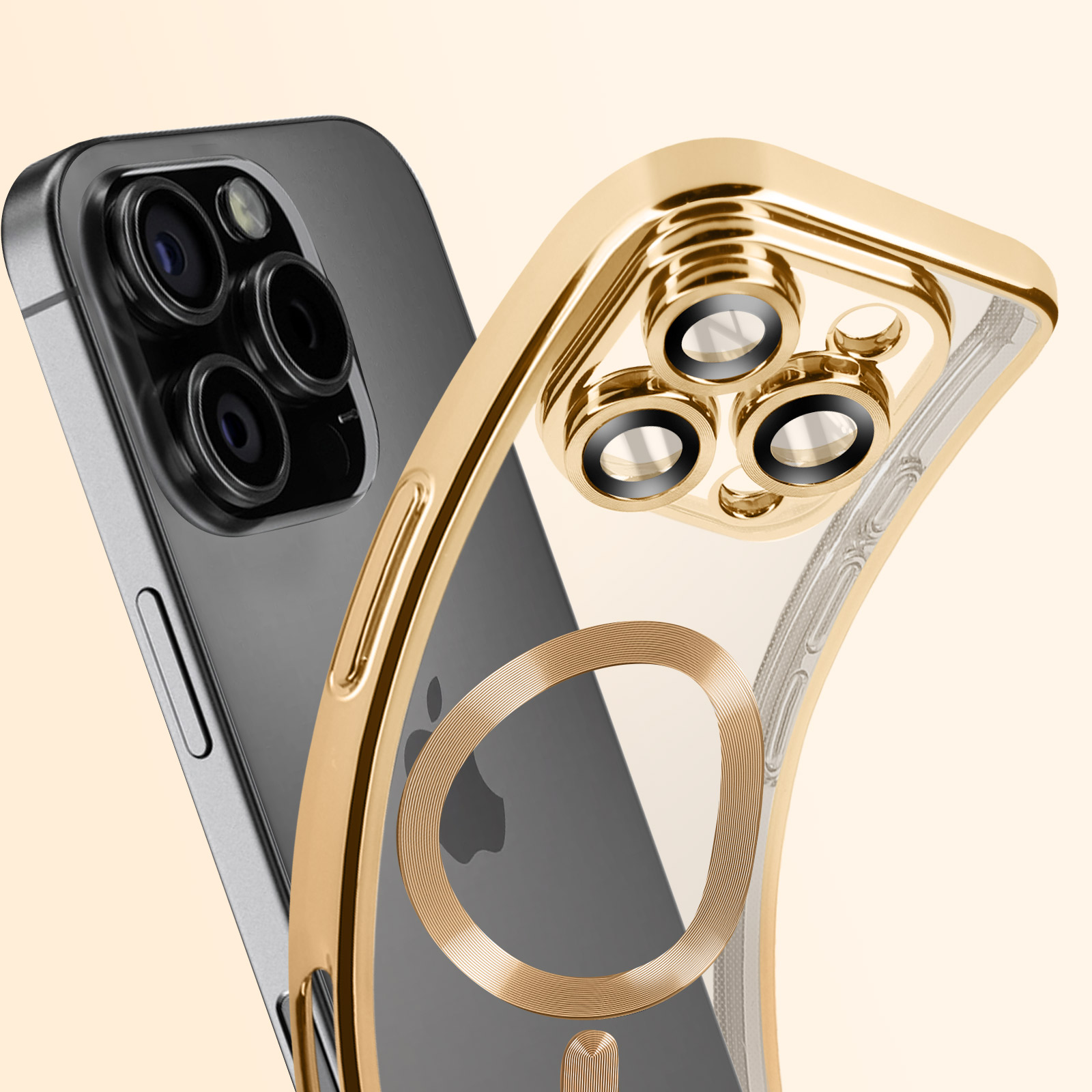 Zwei Telefone, eins grau und eins mit goldener Hülle. Die goldene Hülle hat ein kreisförmiges Design.