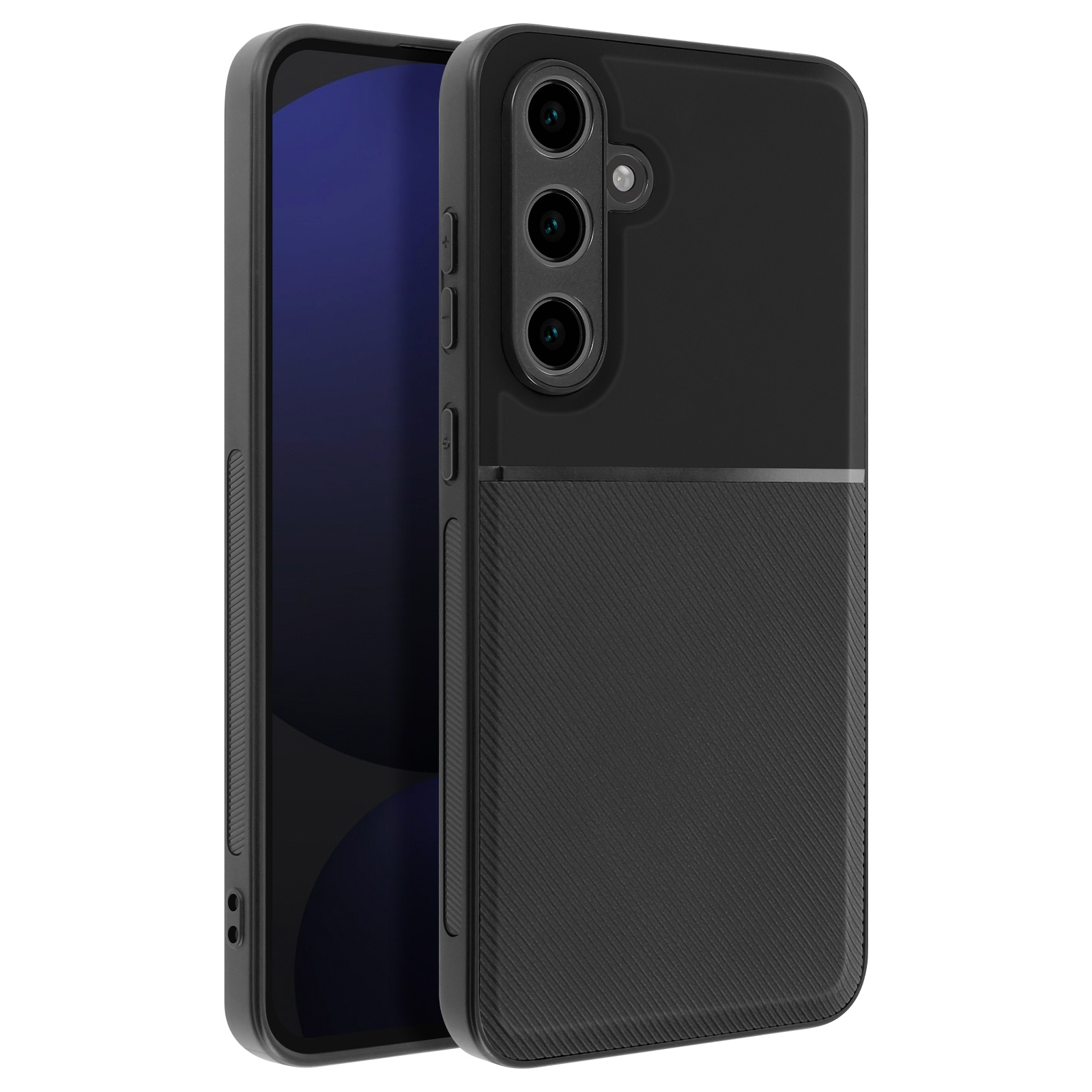 Custodia nera con design nero e grigio. La custodia ha tre obiettivi.