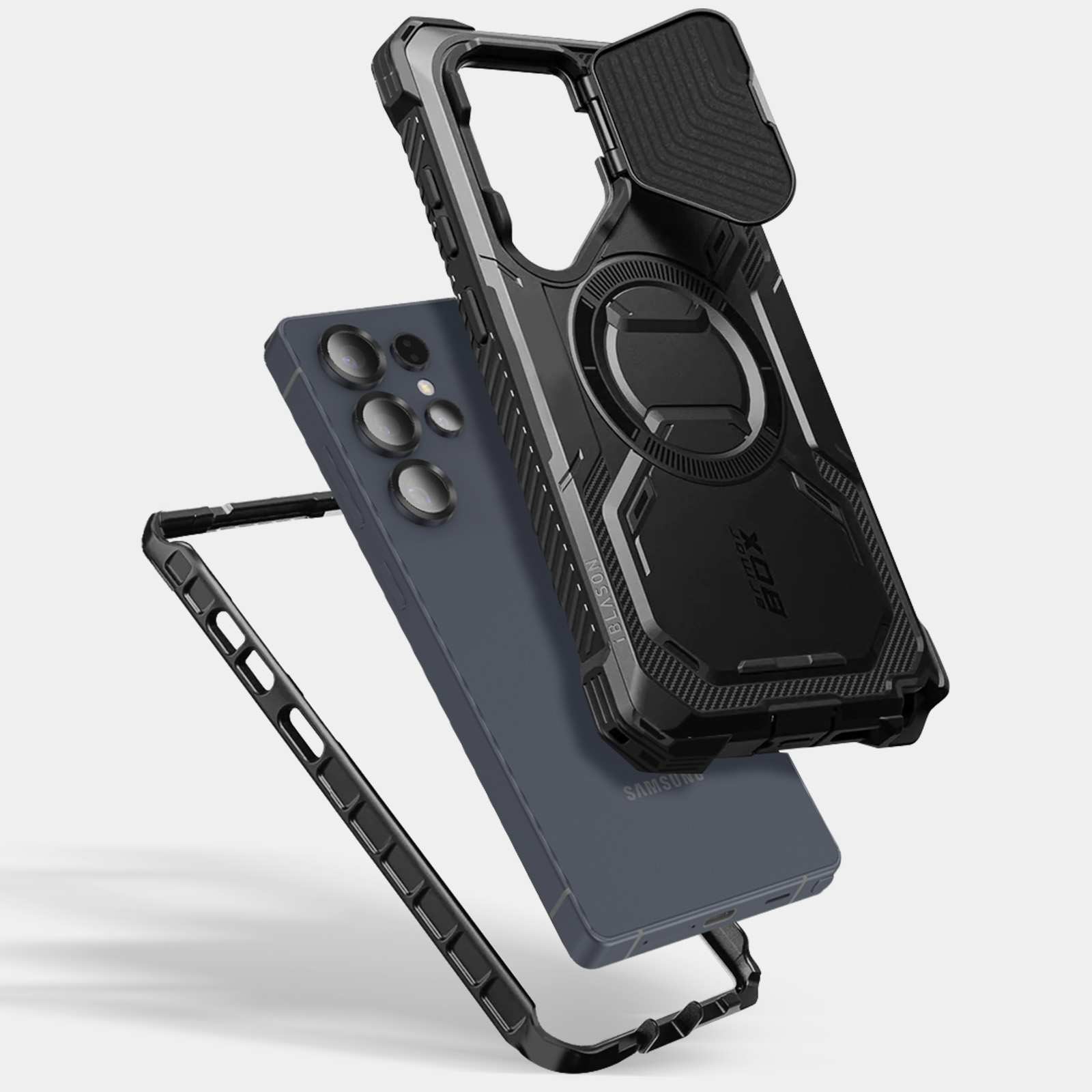 Vista esplosa di custodia nera per telefono. Telefono, telaio, custodia e supporto magnetico separati.