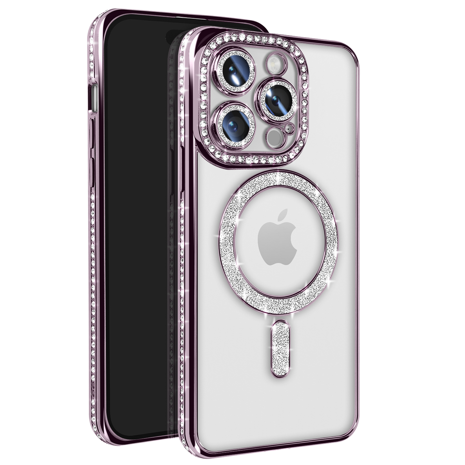 Un telefono con una custodia trasparente e un anello di strass scintillanti attorno alla fotocamera.