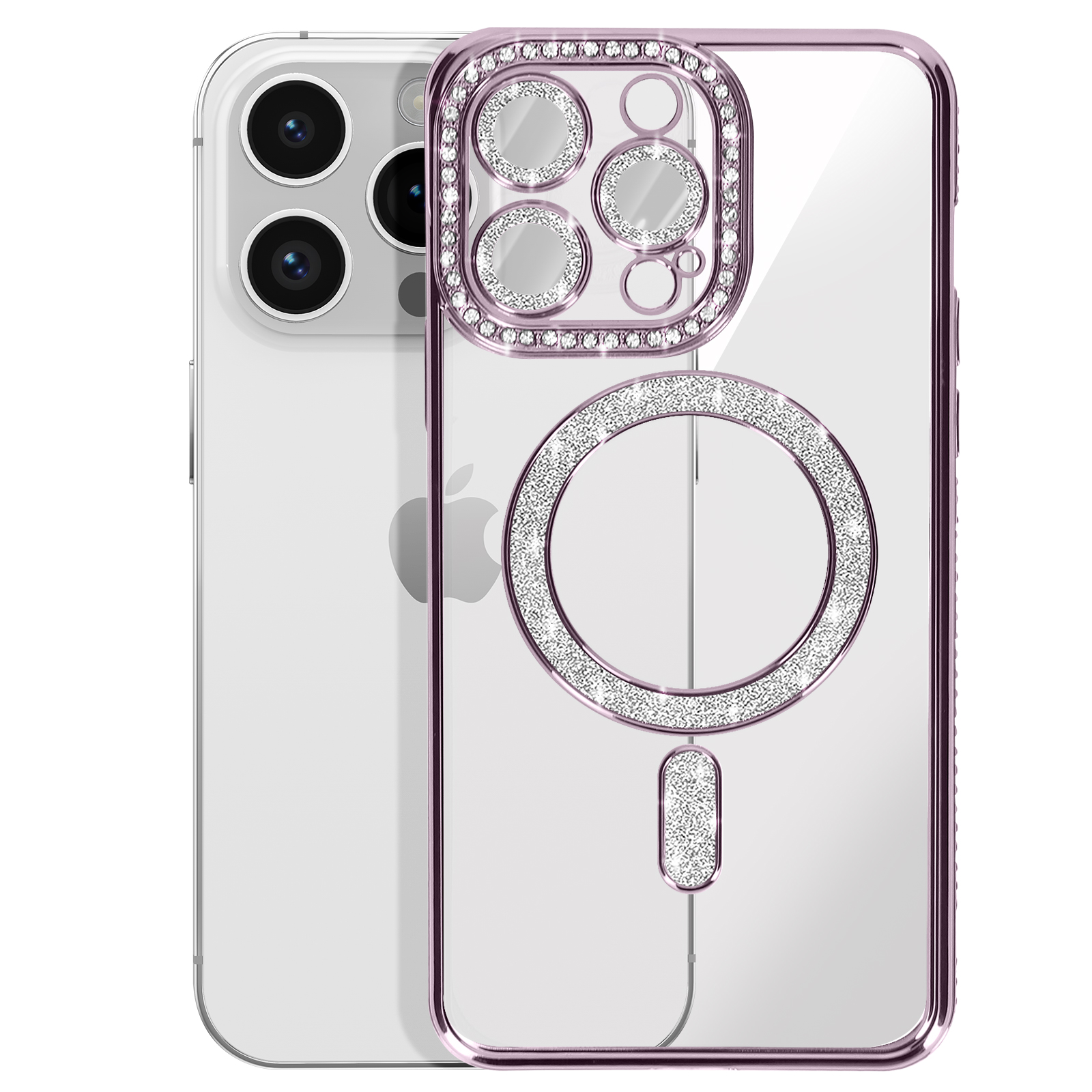 Un telefono con una custodia trasparente e un anello di strass scintillanti attorno alla fotocamera.