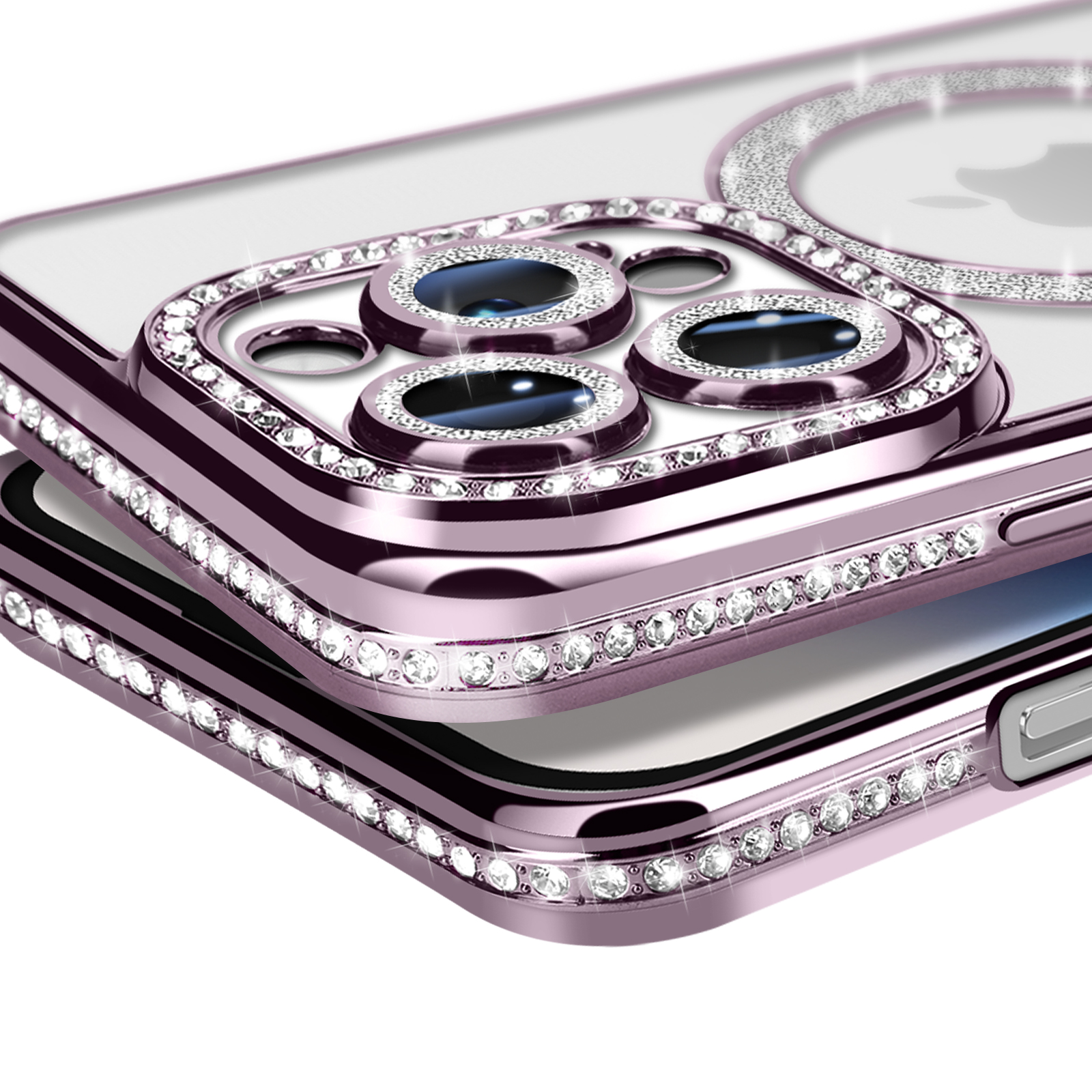 Primo piano di una custodia per telefono con strass. La custodia ha una tinta viola ed è trasparente.