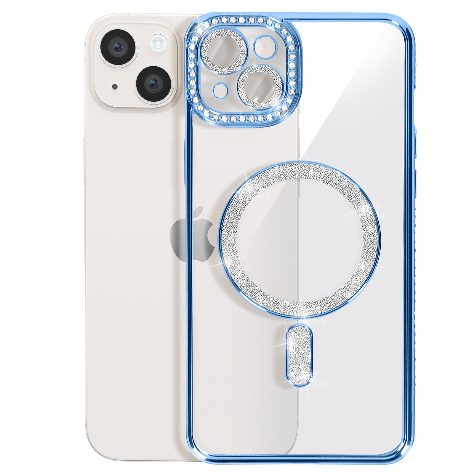 Custodia blu e argento con strass. Telefono Apple con custodia, retro e fronte visibili.