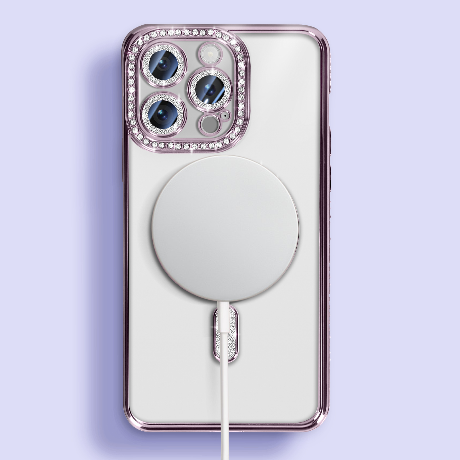Custodia per telefono con strass, cavo di ricarica. Parte posteriore bianca e cerchio di ricarica sulla custodia.
