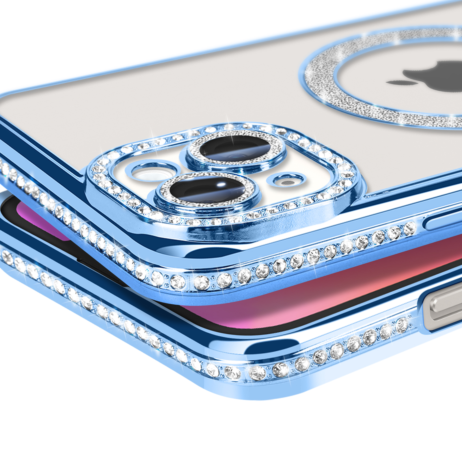 Custodia blu per telefono con strass, primo piano. Logo Apple visibile. Strass intorno alla fotocamera e ai bordi.
