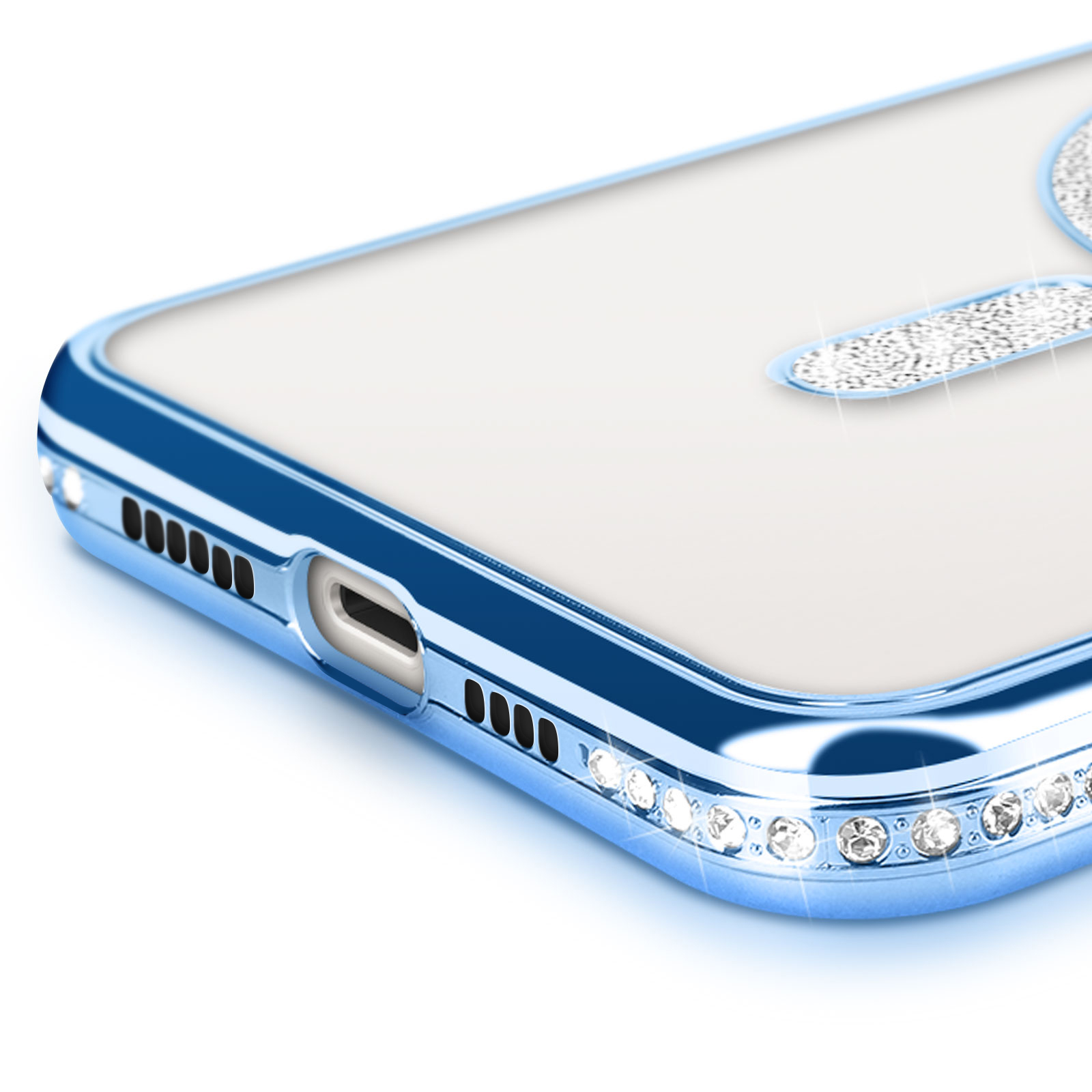 Custodia blu con strass. Dettaglio ravvicinato dell'angolo, che mostra porte e gemme.