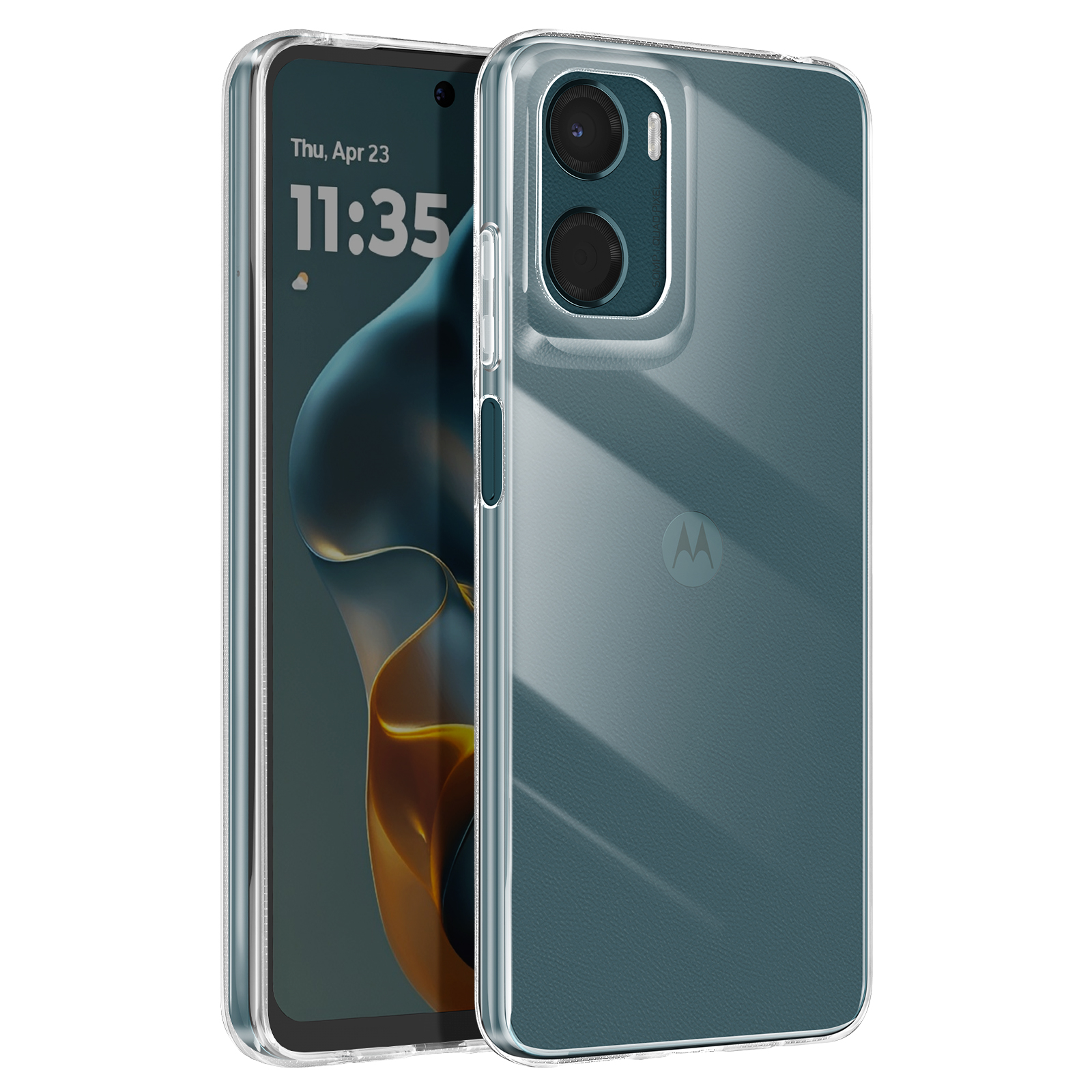 Custodia trasparente su un telefono con fotocamera e schermo visibile. Mostra data, ora e sfondo.