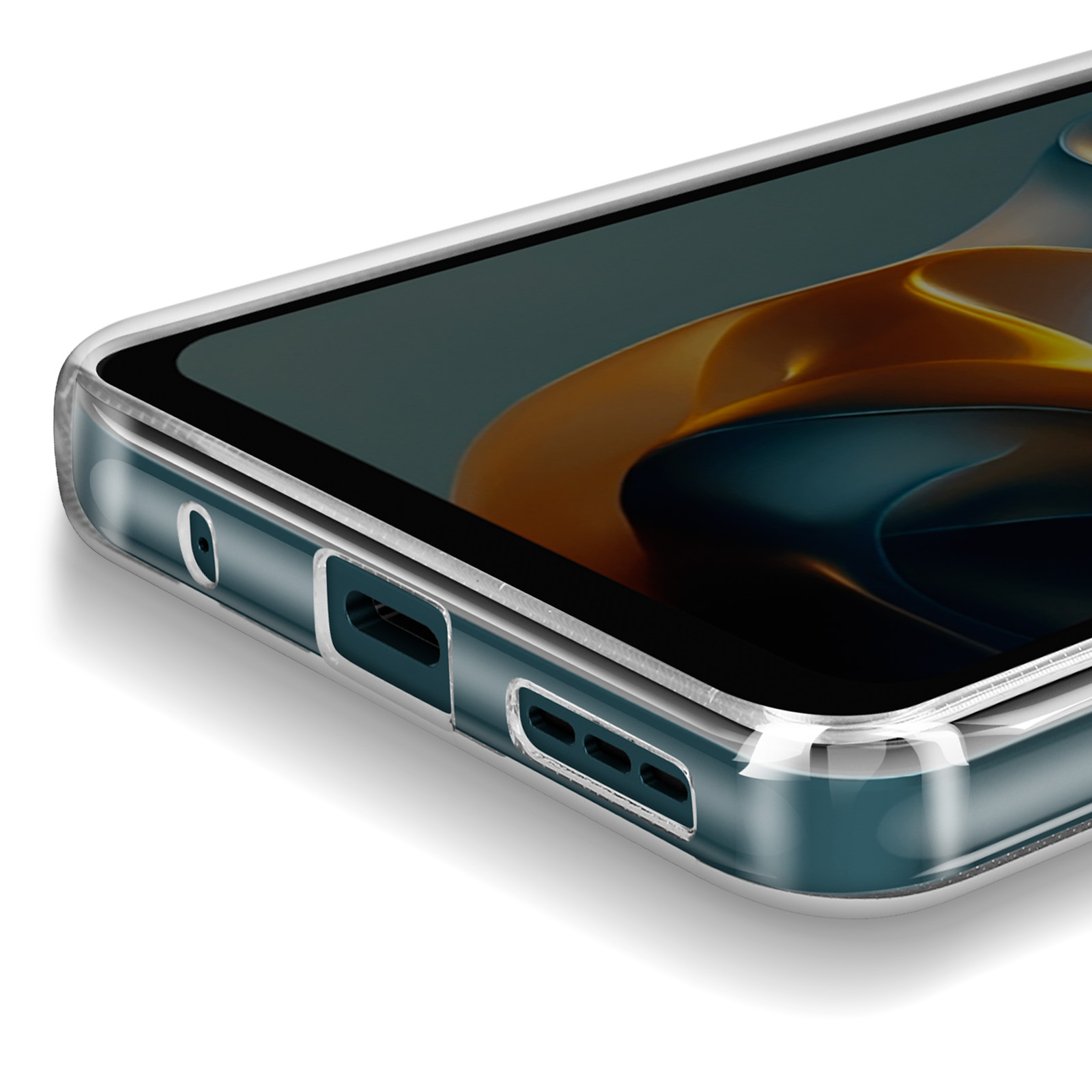 Primo piano di un telefono con custodia trasparente. La custodia mostra il lato, con porte visibili.