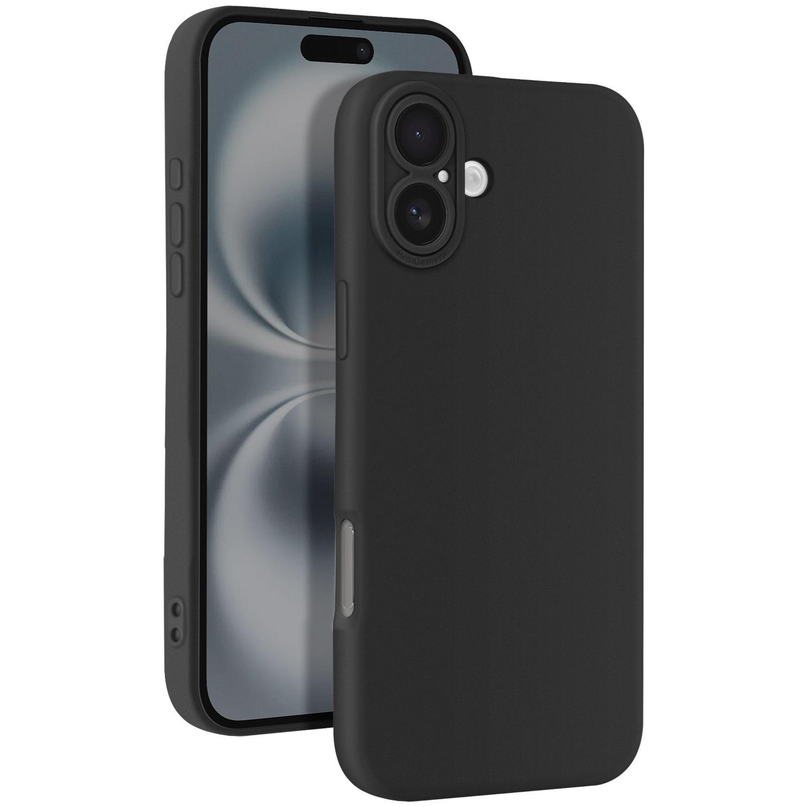 Un telefono nero con una custodia nera. La custodia ha fori per la fotocamera. Il telefono.