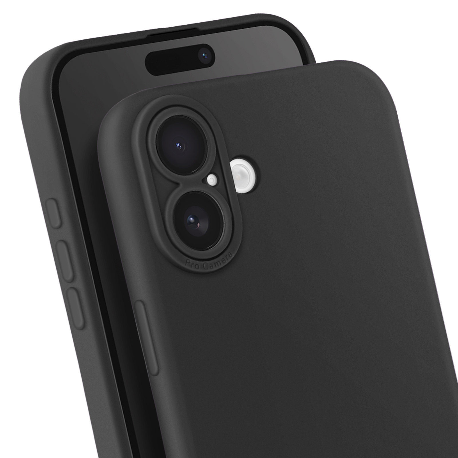 Un telefono nero con una custodia nera. La custodia ha fori per la fotocamera. Il telefono.
