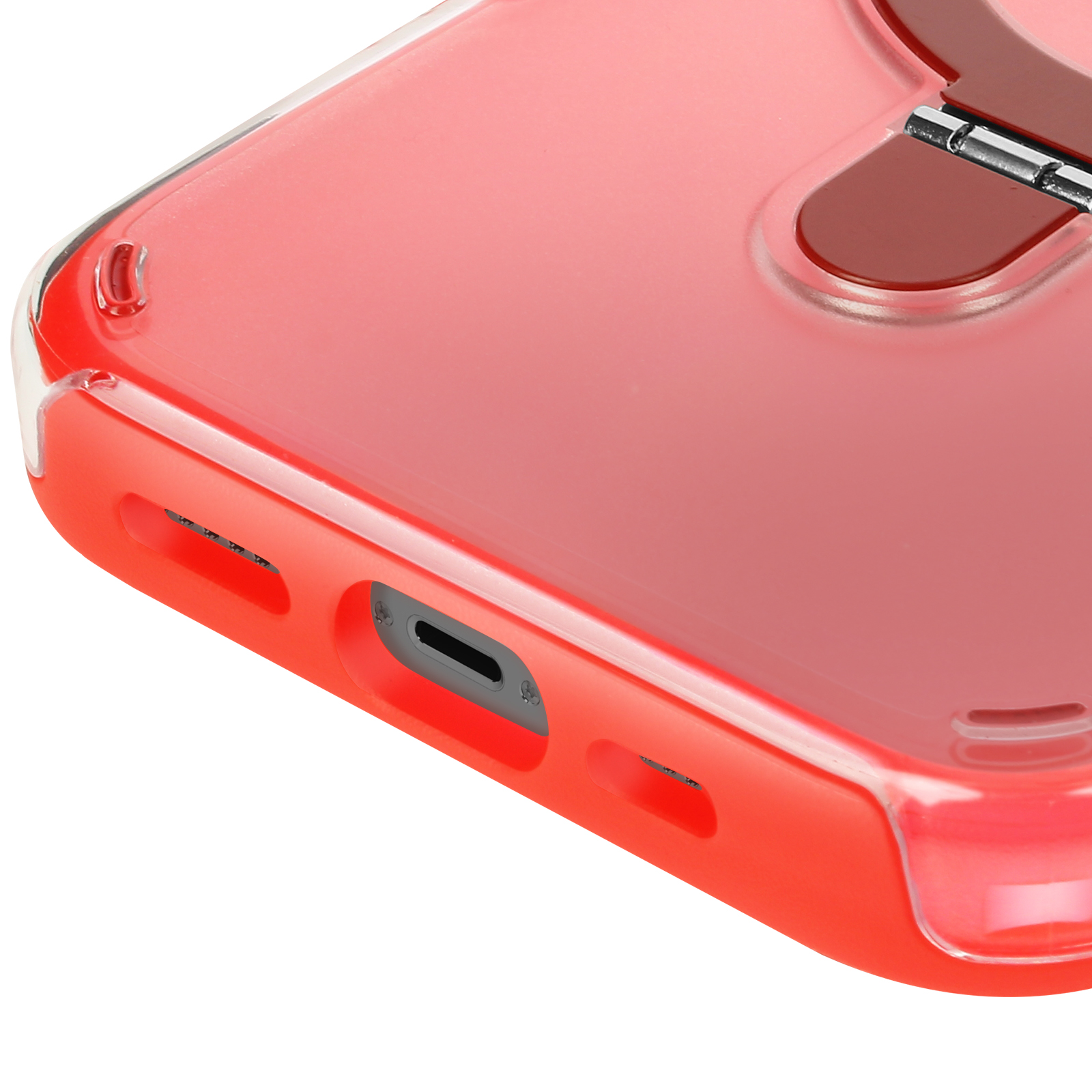 Primo piano di una custodia rosa per telefono. La custodia ha un ritaglio per il caricatore. La.