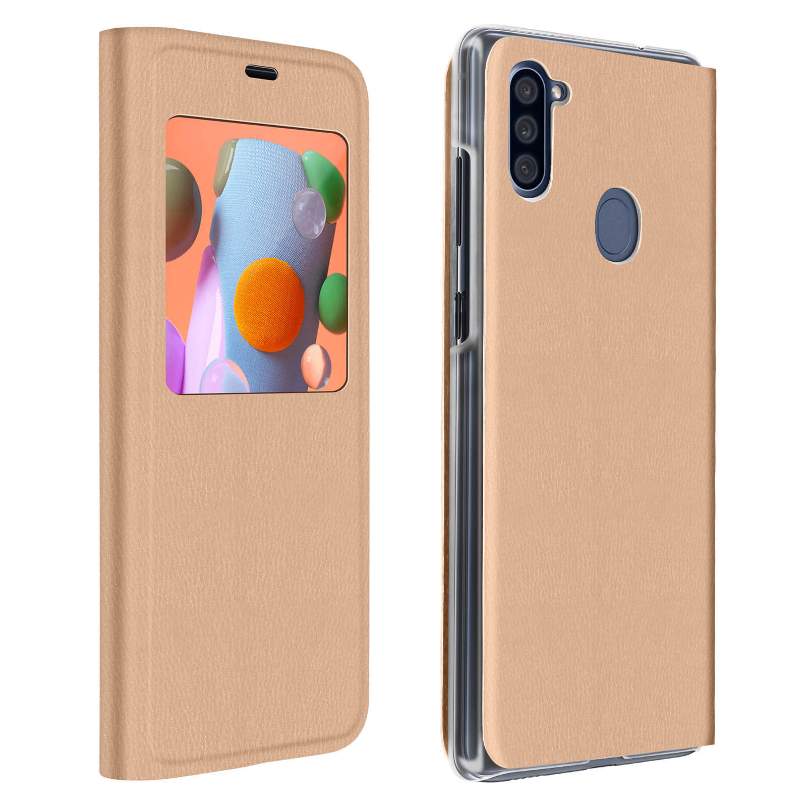 Un telefono dentro una custodia marrone. La custodia ha una finestra. Lo schermo mostra un'immagine colorata con forme.