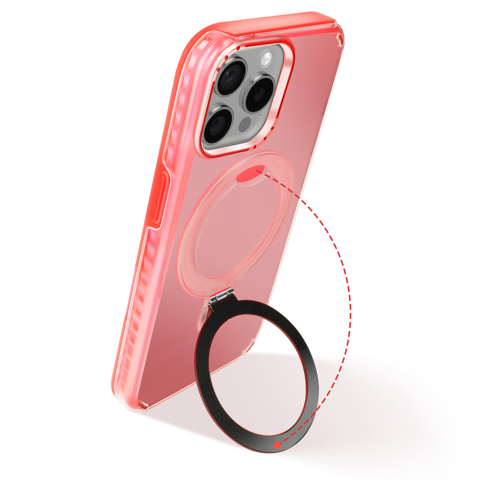 Una custodia per telefono rossa con supporto ad anello. L'anello è lontano dalla custodia. Lo sfondo è bianco.