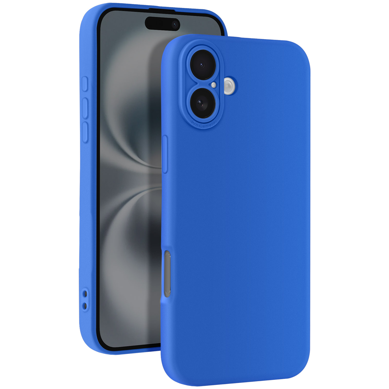 Una custodia per telefono blu. Il telefono è all'interno della custodia. Lo sfondo è semplice.
