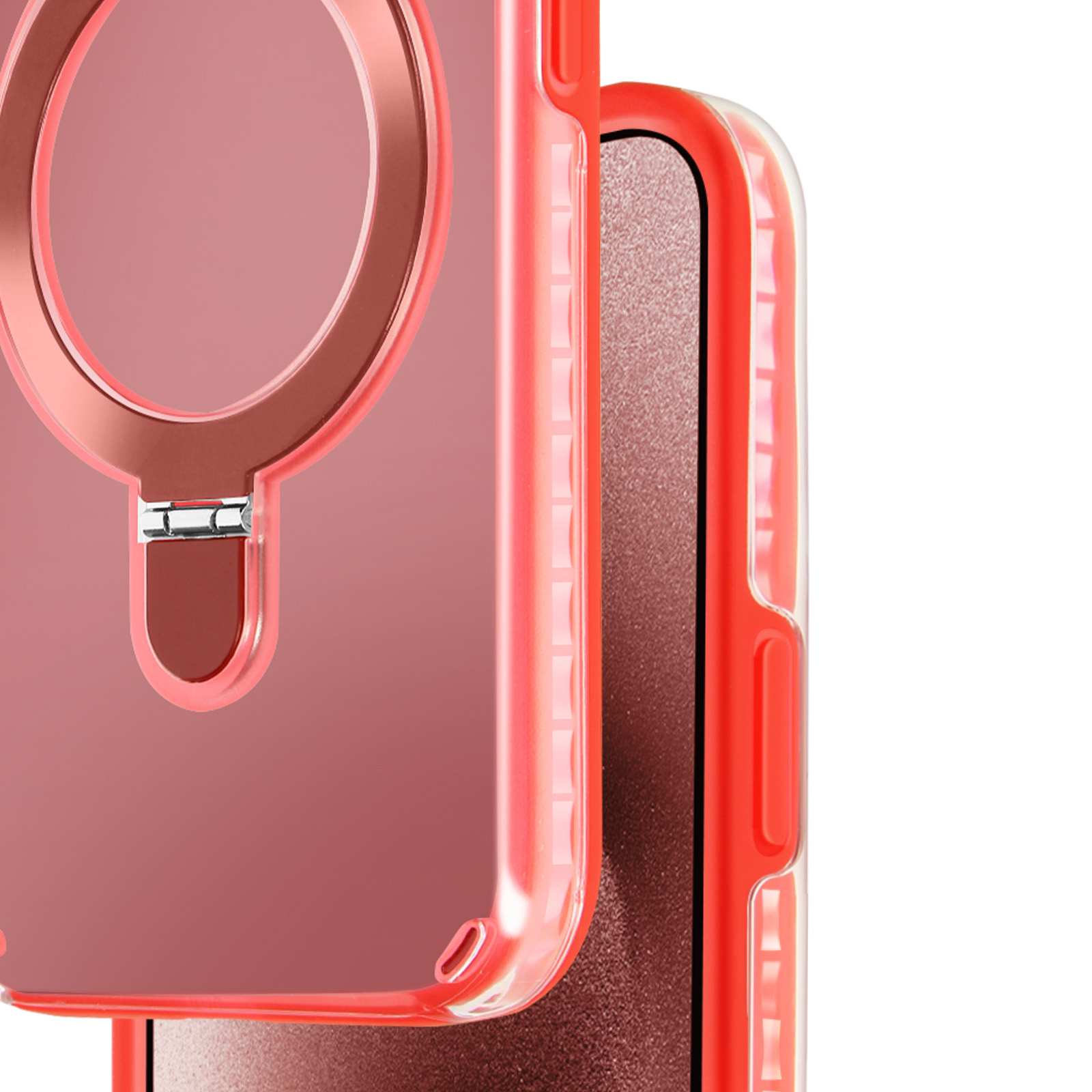 Custodia trasparente per telefono con bordo rosso e anello MagSafe circolare, vista ravvicinata.