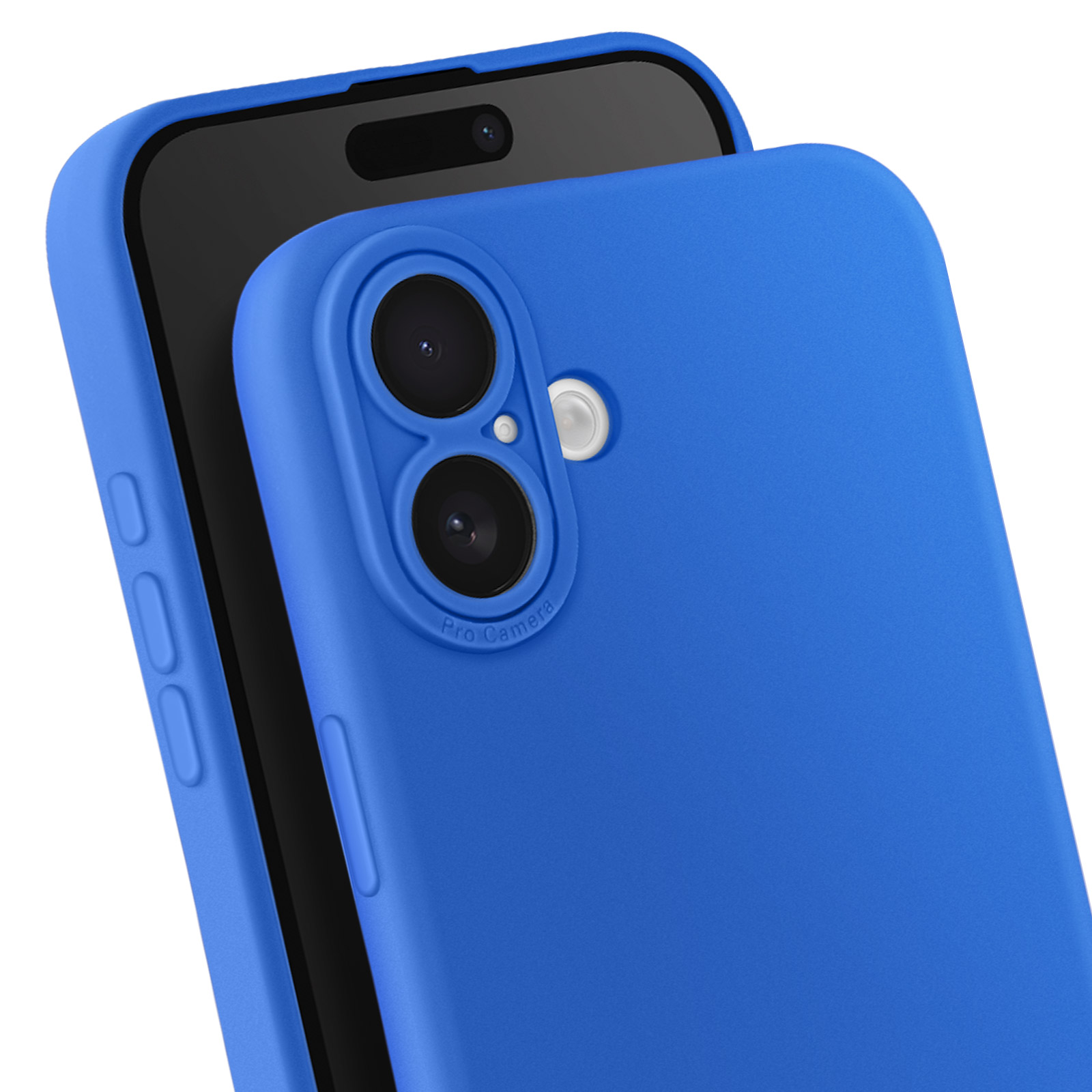 Un primo piano di un telefono blu. Il telefono è dentro la custodia. Lo sfondo è semplice.