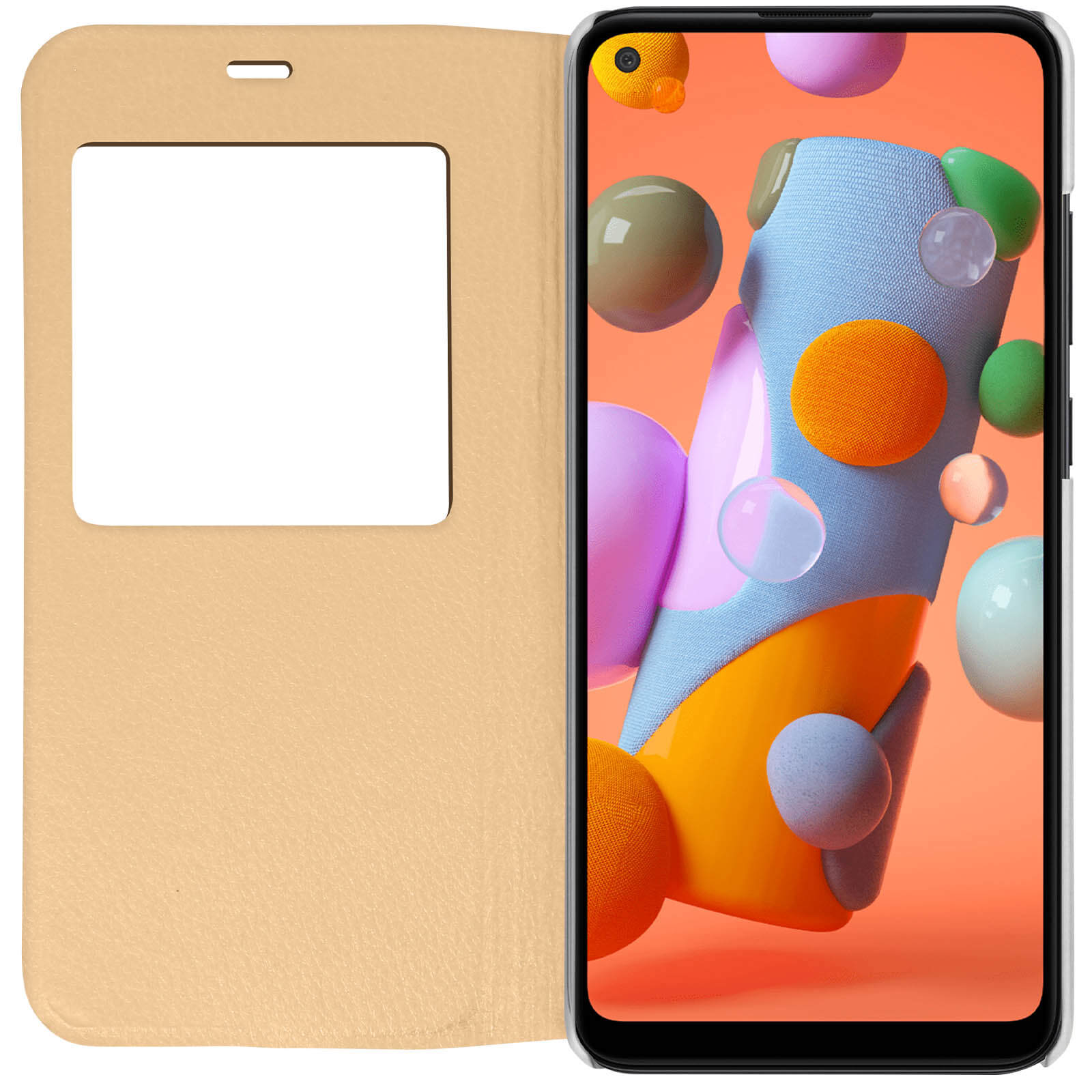 Telefono in una custodia beige con una finestra. Forme astratte colorate sullo schermo.