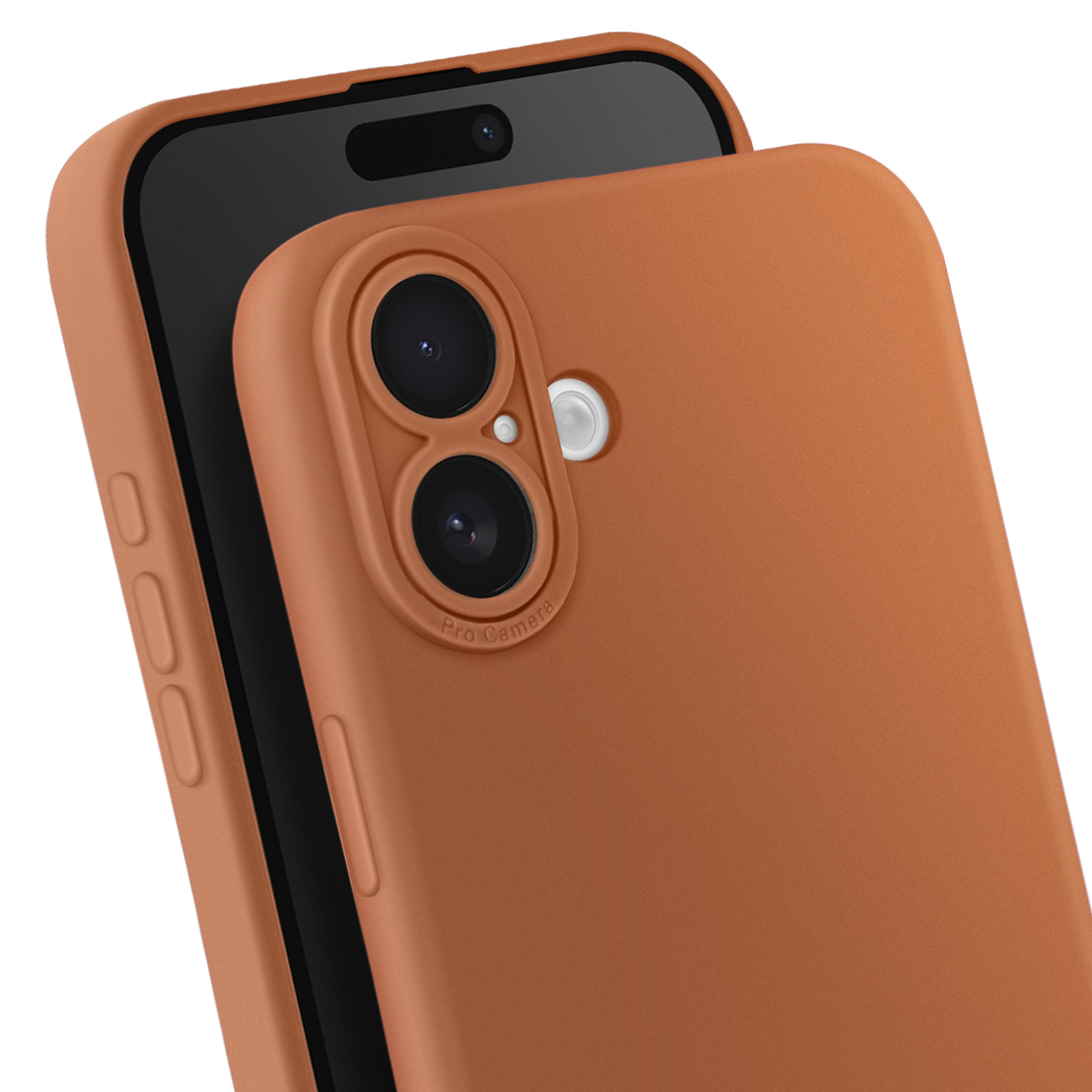 Custodia del telefono con dettaglio della fotocamera, colore arancione. Schermo nero. Primo piano.