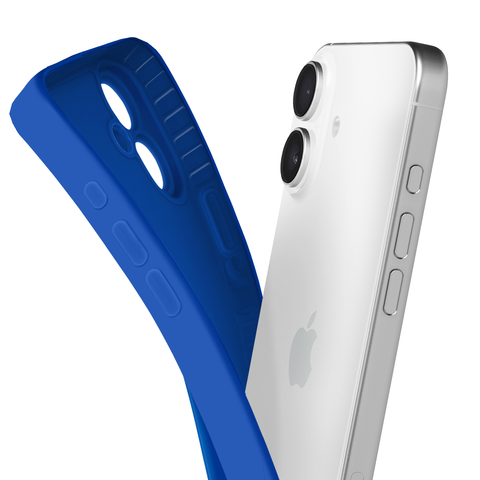Custodia per telefono blu con un iPhone all'interno. Il telefono è bianco.