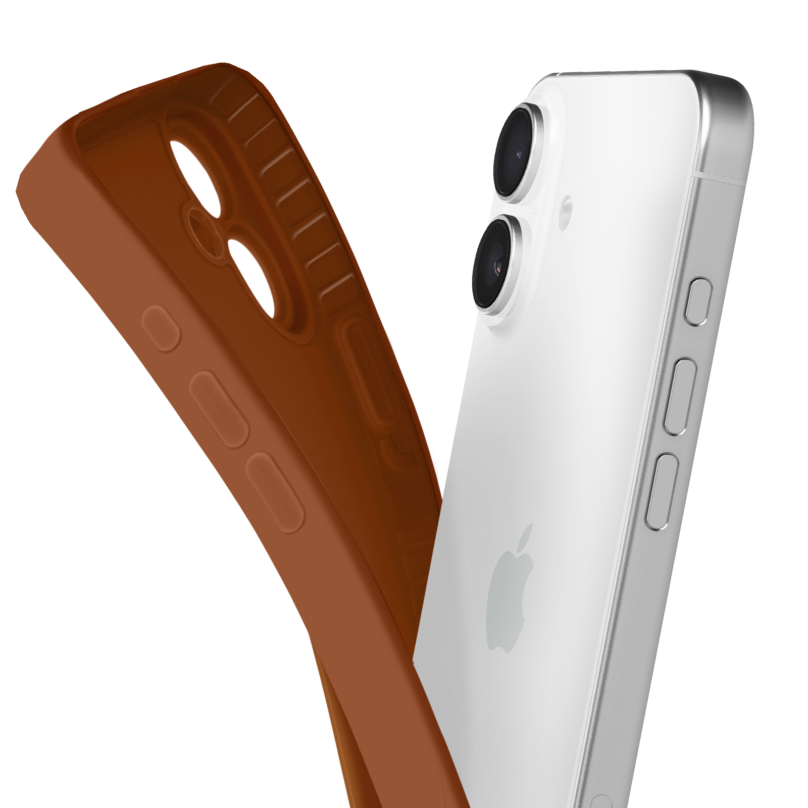 Custodia marrone e iPhone bianco. La custodia ha fori per i pulsanti. Il telefono ha due fotocamere.