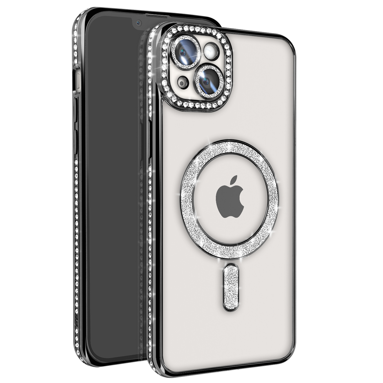 Custodia trasparente con strass e dettaglio fotocamera. Logo Apple sul retro.