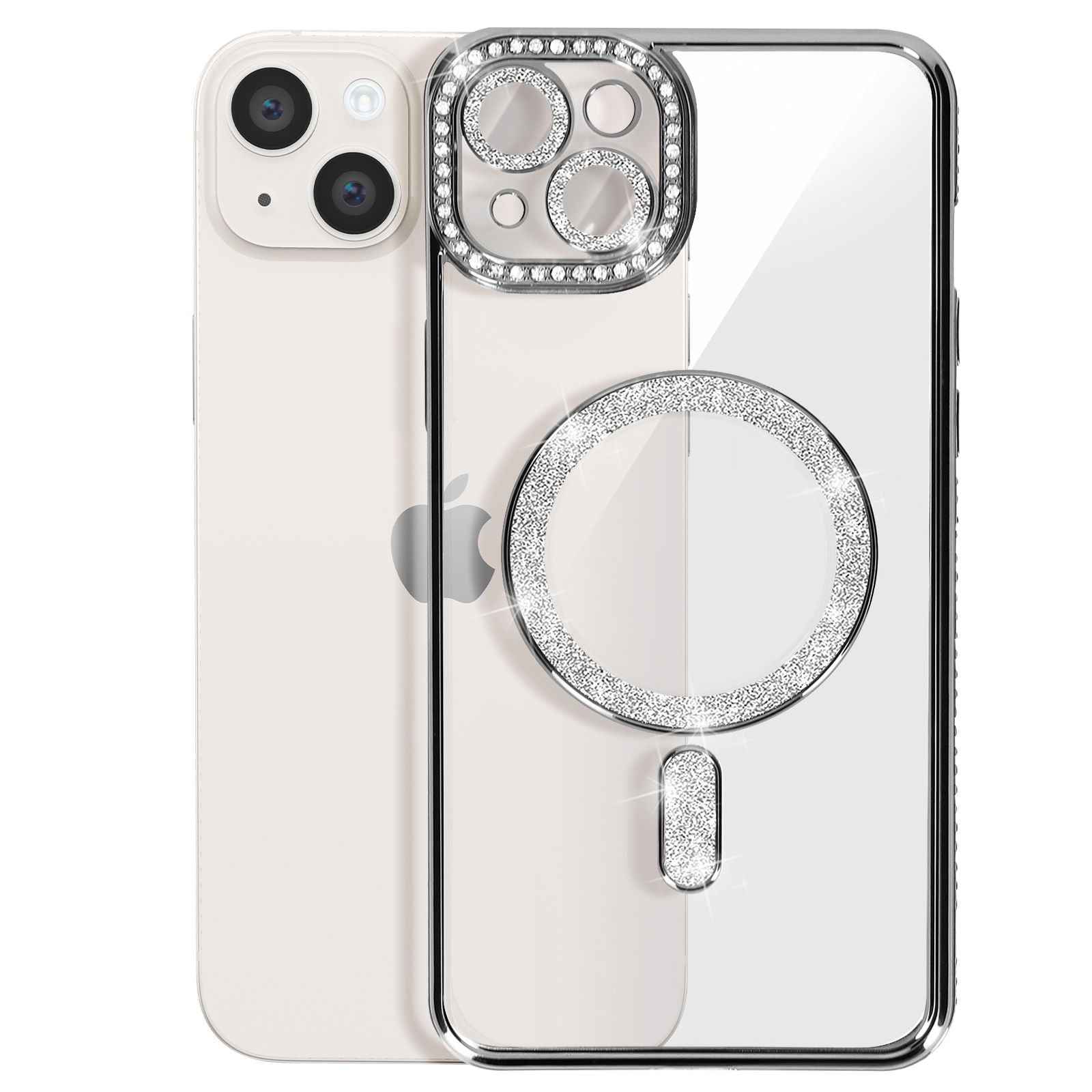 Telefono bianco con custodia trasparente. La custodia ha un anello di strass e un dettaglio di strass.