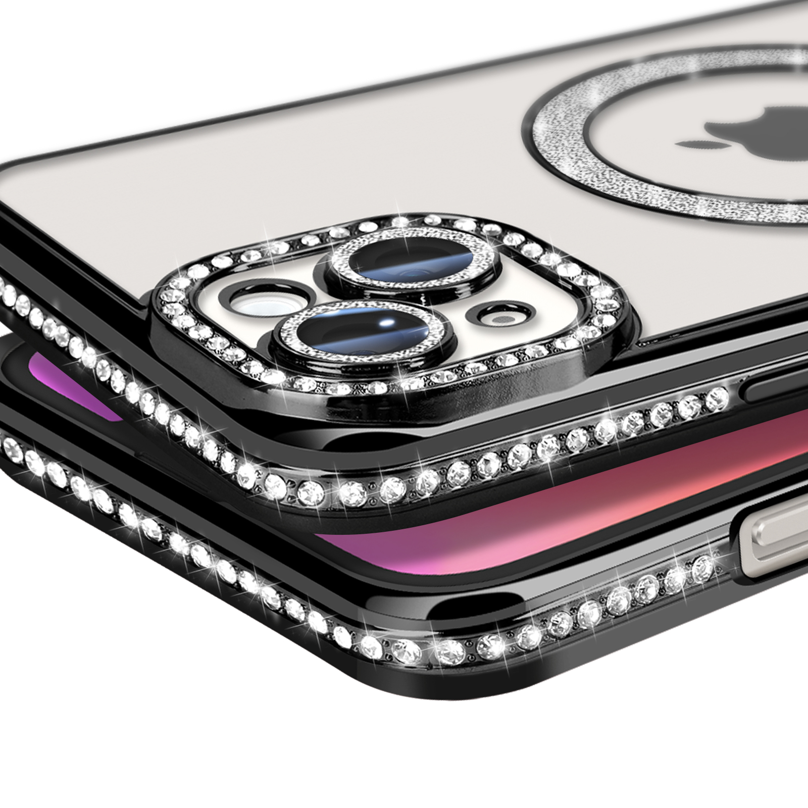 Due custodie per telefono impilate. Entrambe hanno un bordo nero con strass. Una ha il retro trasparente.