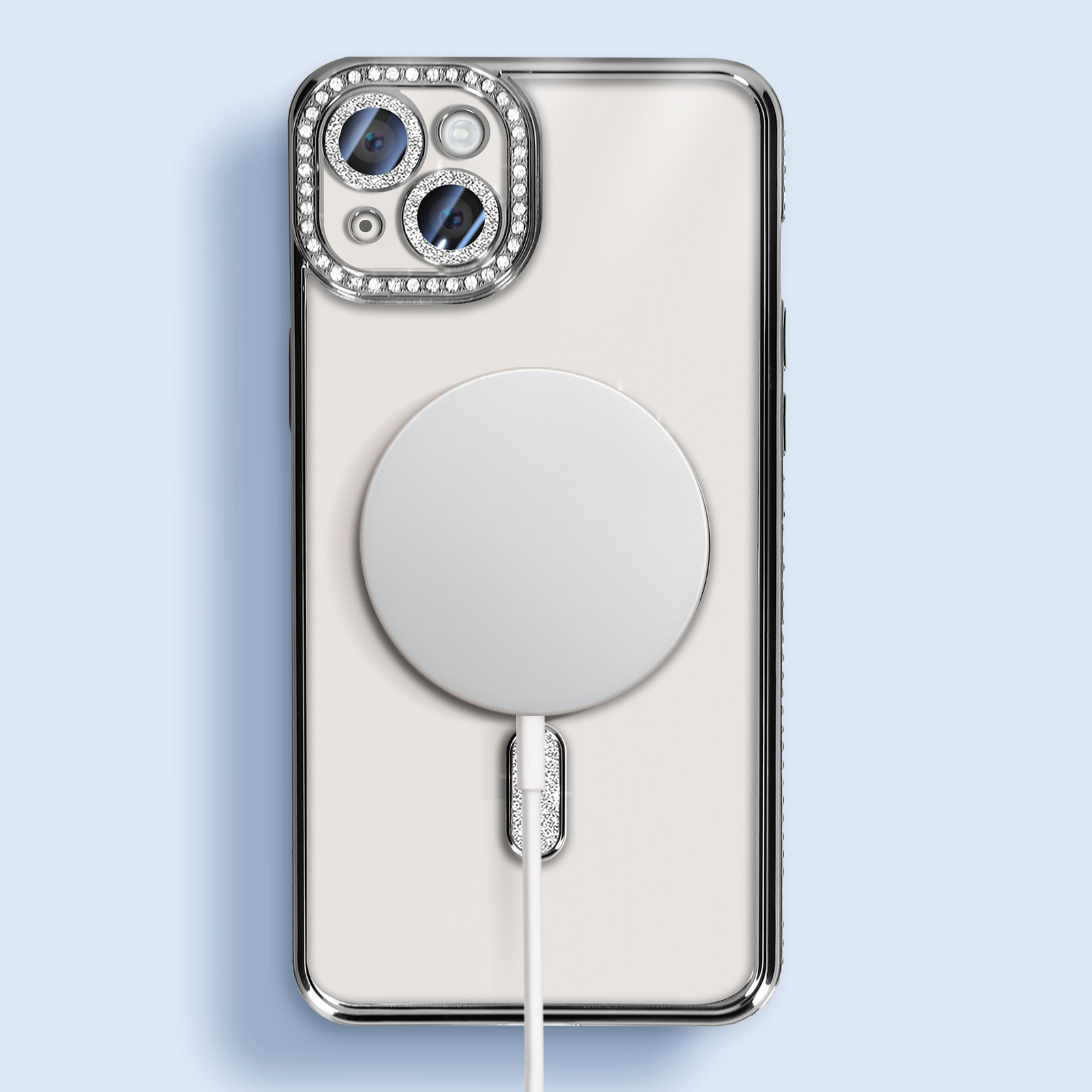 Custodia trasparente con strass, caricatore bianco. Logo Apple sul retro.