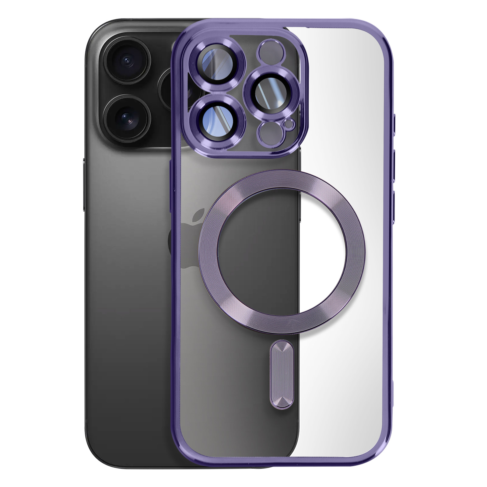 Paarse telefoonhoes met doorzichtige achterkant en een paarse ring erop, en een zwarte telefoon.