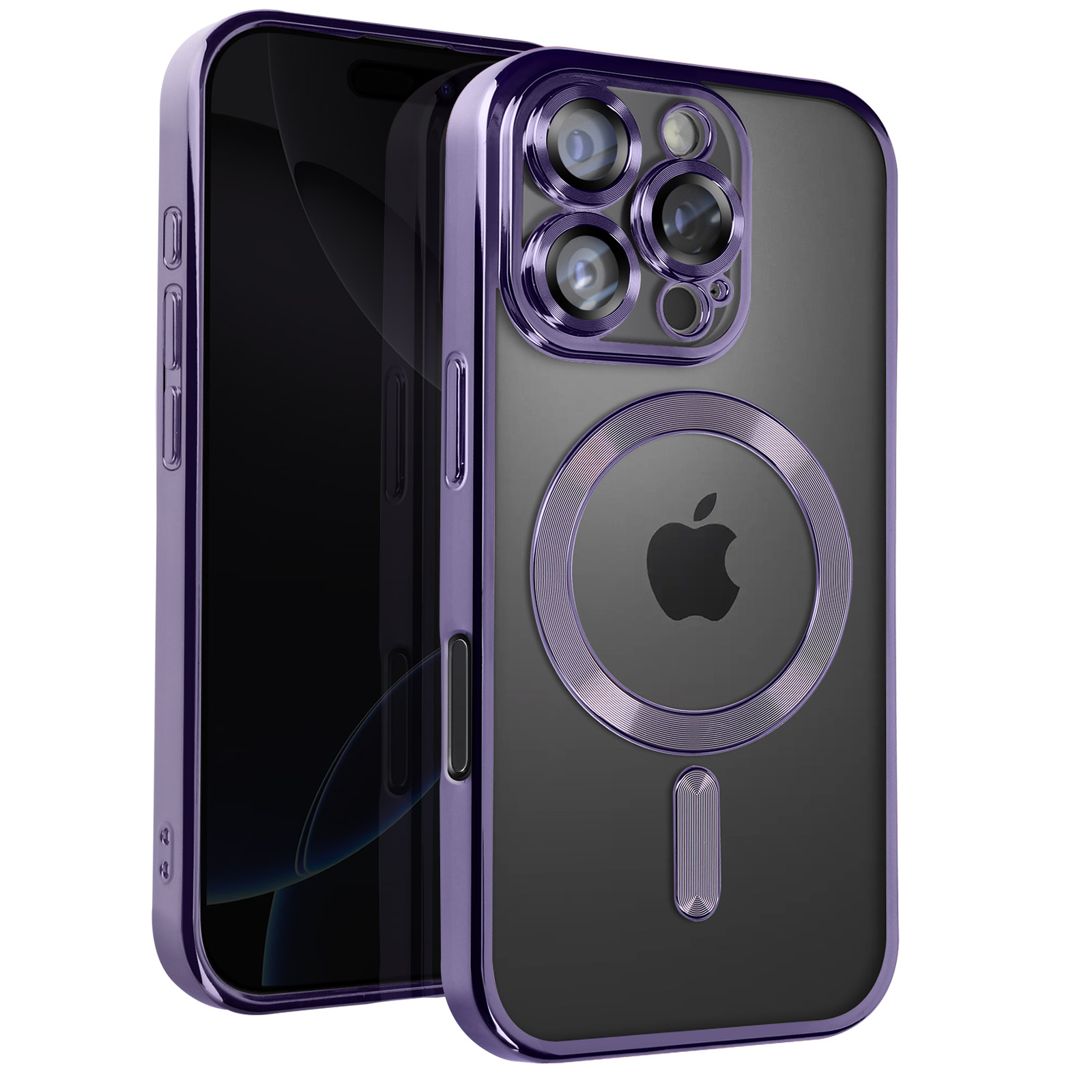Paarse iPhone-hoes met cameradetail, Apple-logo. Telefoon op een donkere achtergrond.