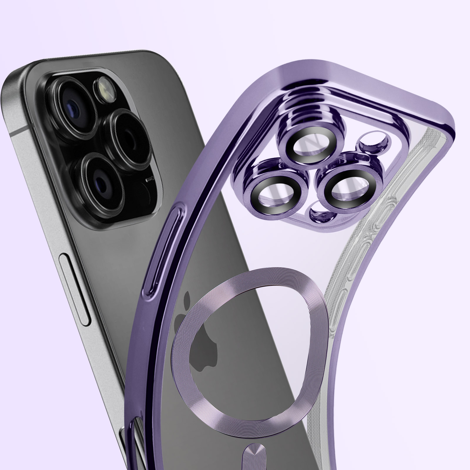 Paarse telefoonhoes met doorzichtige achterkant en een paarse ring erop, en een zwarte telefoon.