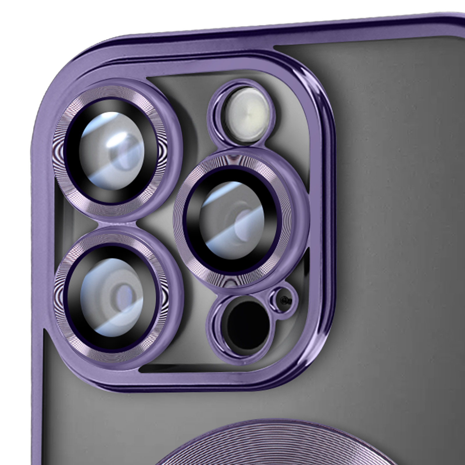 Paarse telefoonhoes met een doorzichtige achterkant. De hoes heeft een paarse ring rond de camera.
