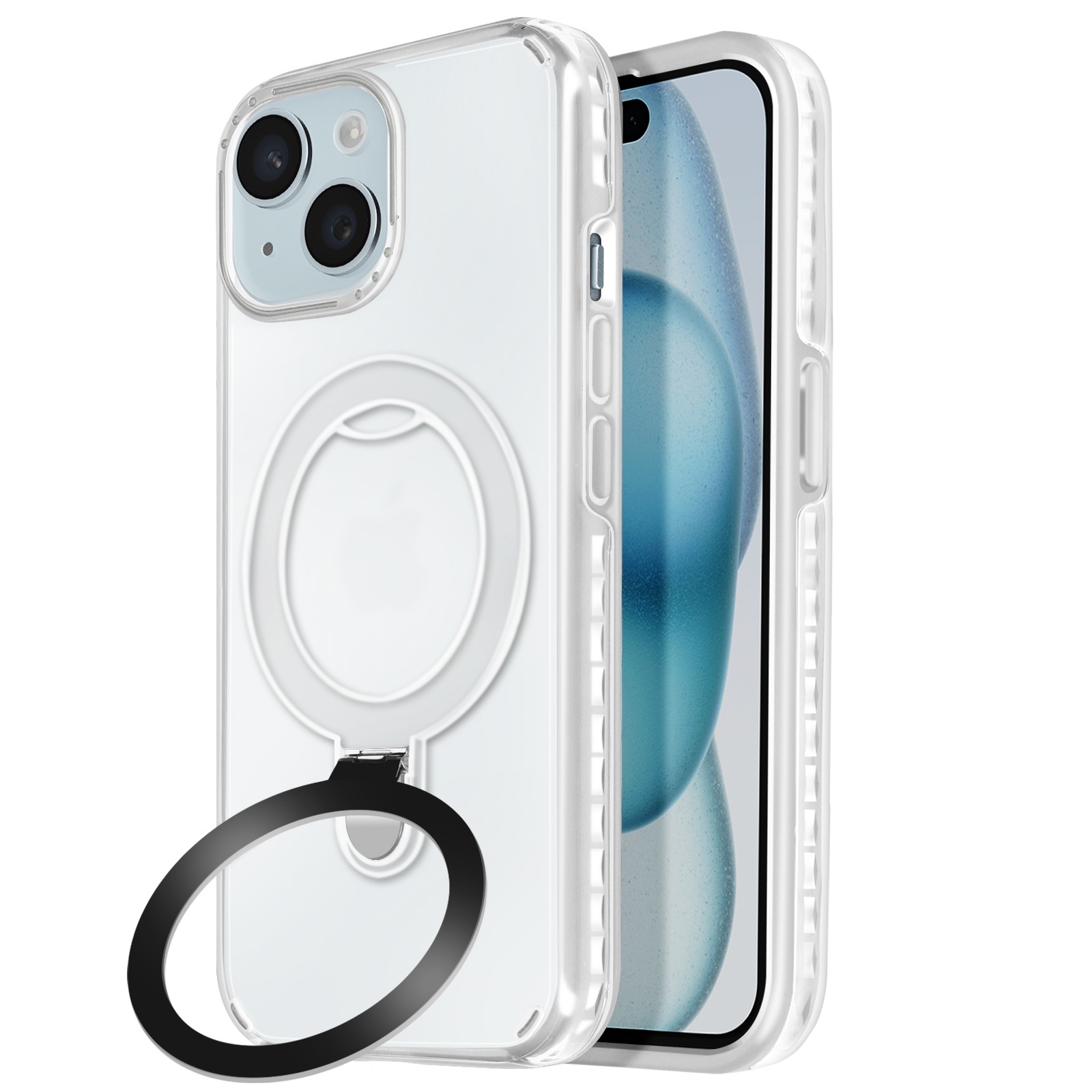 Custodia trasparente per telefono con anello. Telefono nella custodia. Sfondo bianco.