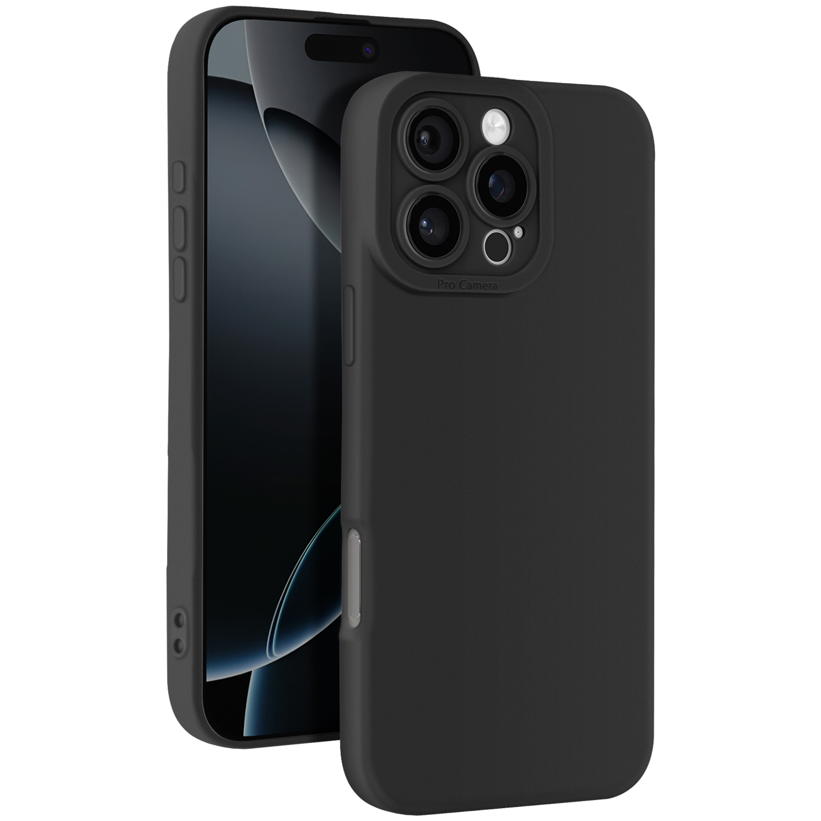 Telefono nero e una custodia nera. La custodia ha un ritaglio per le fotocamere e un'etichetta fotocamera pro.
