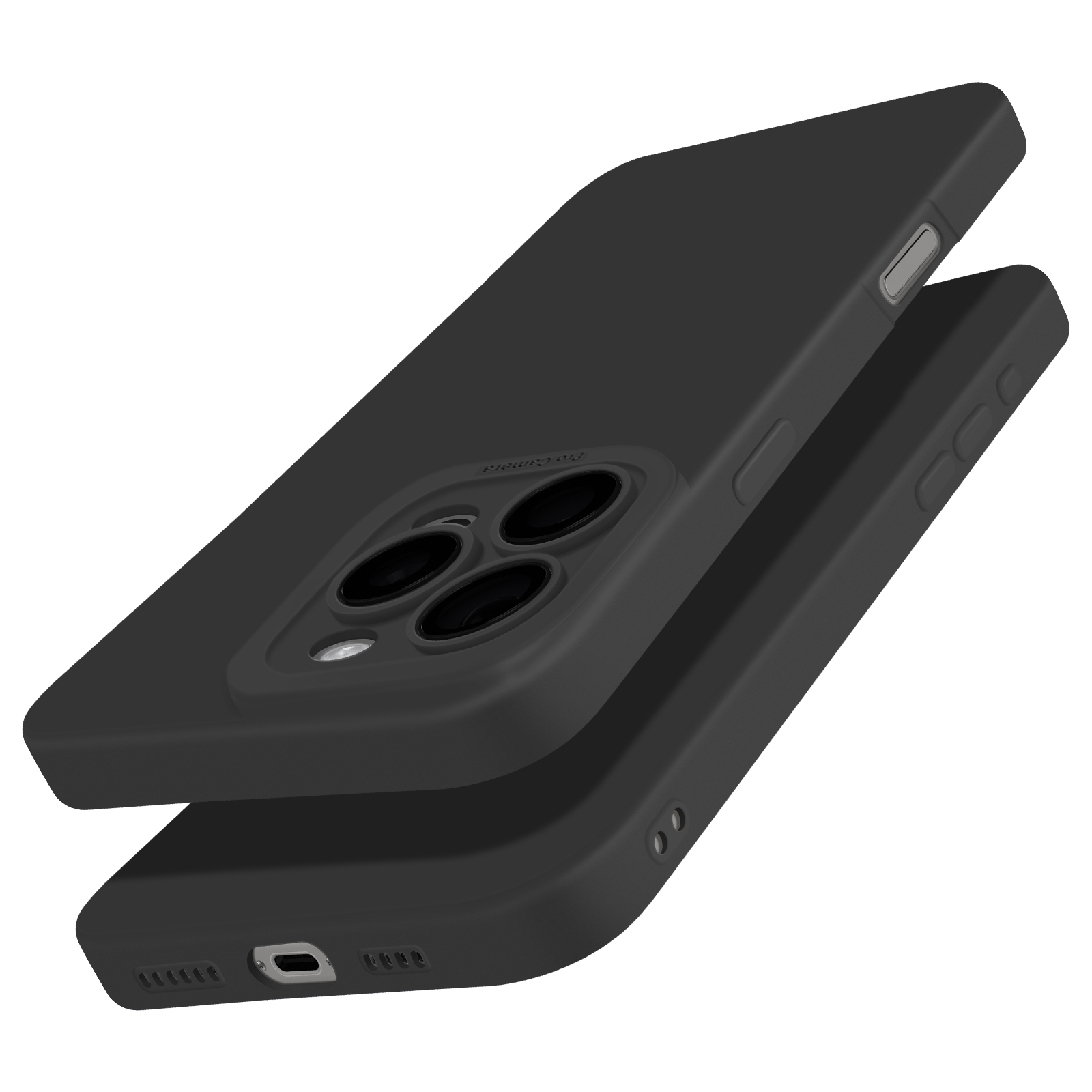 Custodia nera per telefono, due pezzi leggermente separati, che mostrano ritagli della fotocamera e porta di ricarica, su sfondo bianco.