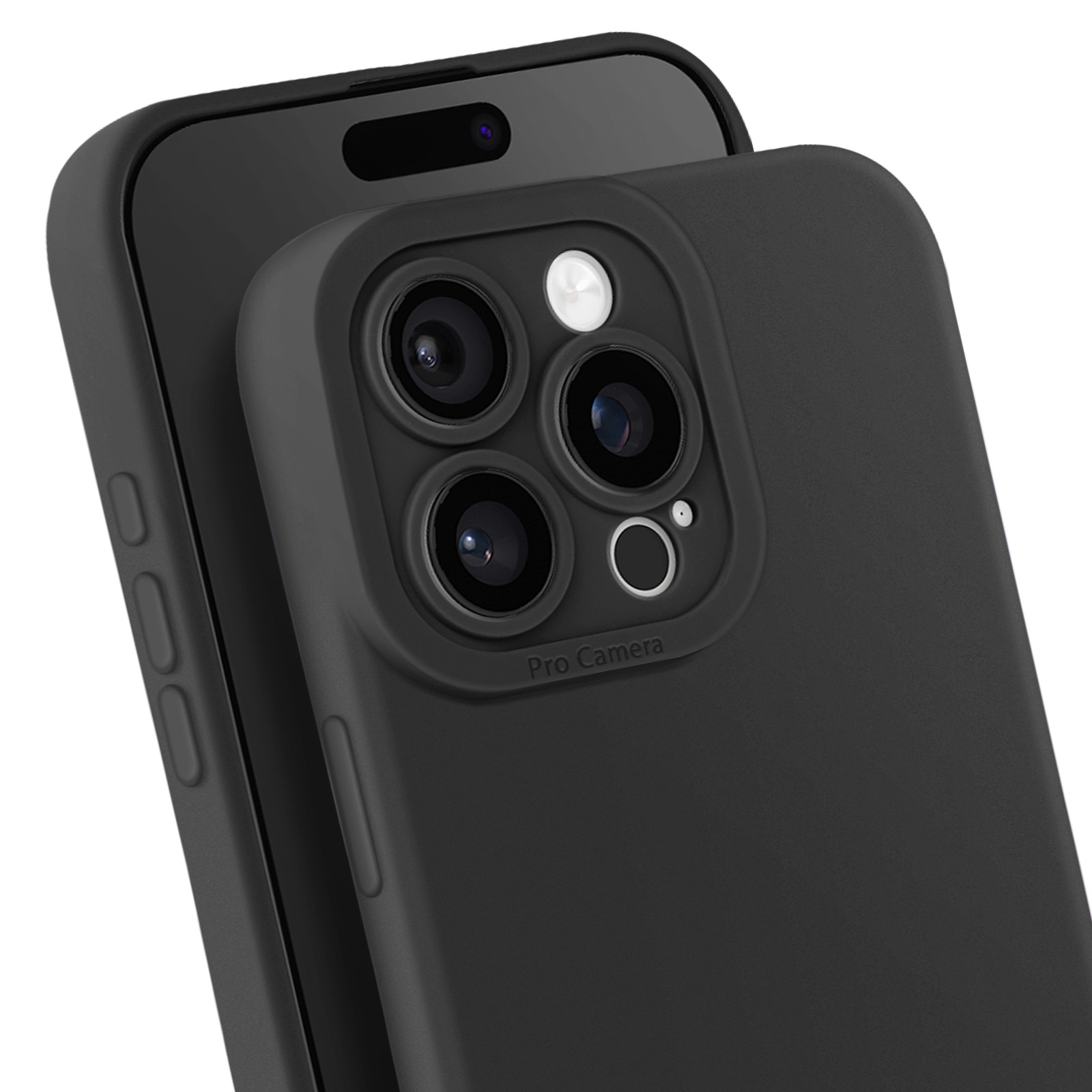 Custodia nera per telefono con ritaglio per fotocamera, con tre lenti visibili. Il telefono è su sfondo bianco.