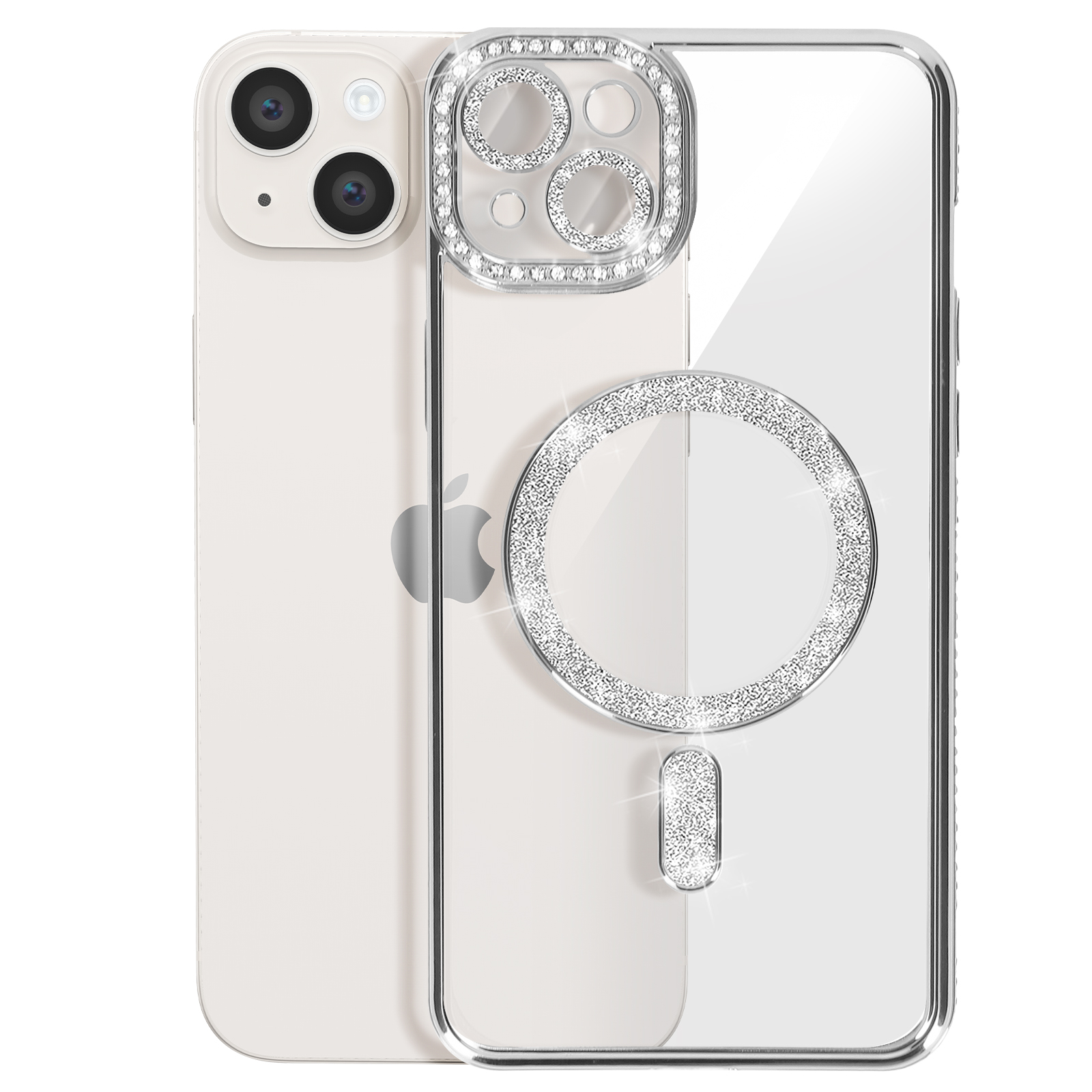 Custodia trasparente con strass argentati attorno alla fotocamera e all'anello, e un iPhone Apple su sfondo bianco.
