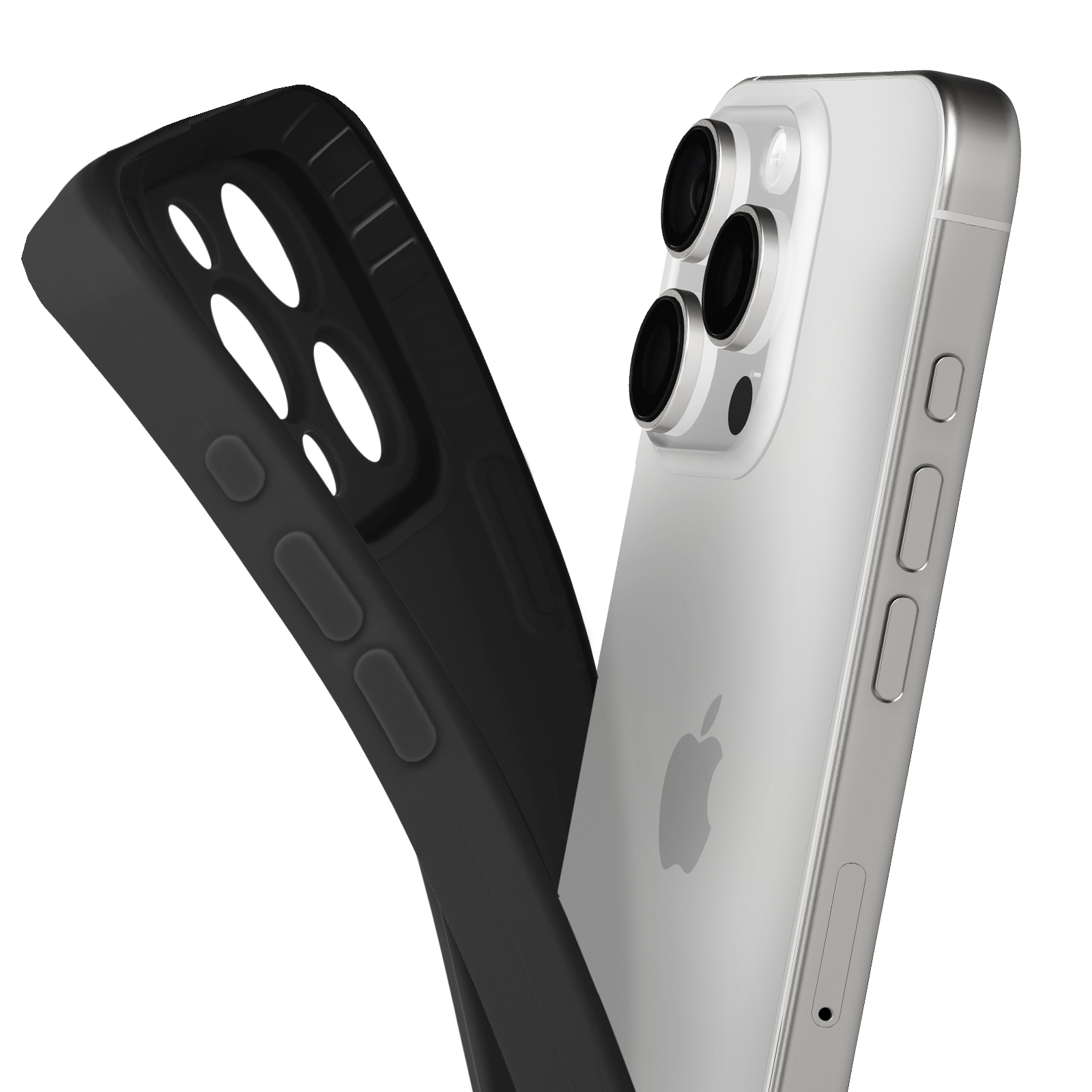 Una custodia nera accanto all'iPhone argento. Mostra i pulsanti laterali e la fotocamera.